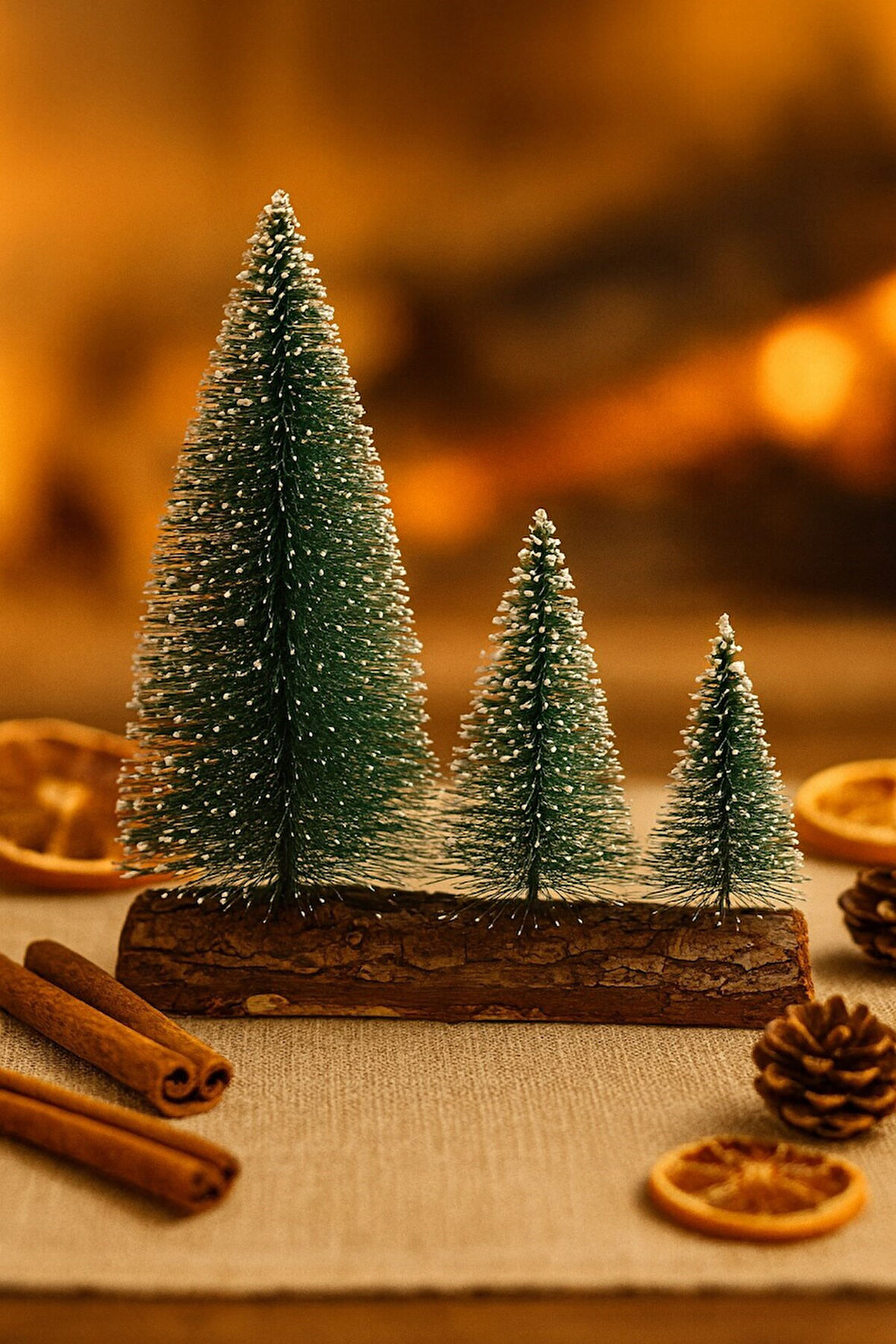 Hoşgeldin Yeni Yıl 3’lü Mini Kar Efektli Ahşap Kütük Üstünde Mini Noel Çam Ağacı Seti 16 – 11– 10 Cm