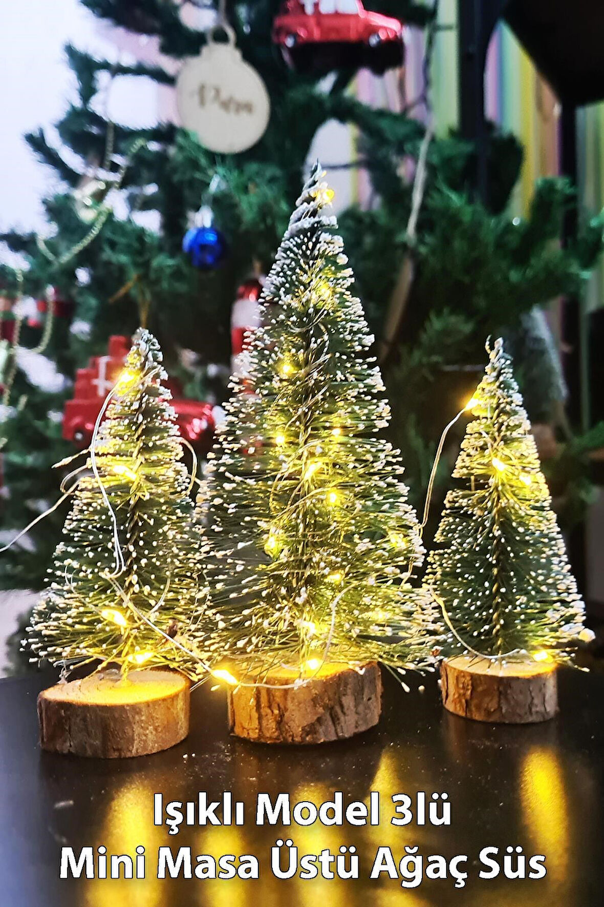 Hoşgeldin Yeni Yıl 3’lü Mini Noel Çam Ağacı Kar Efektli LED Işıklı Çam Ağaçları Seti 15 – 11– 10 Cm