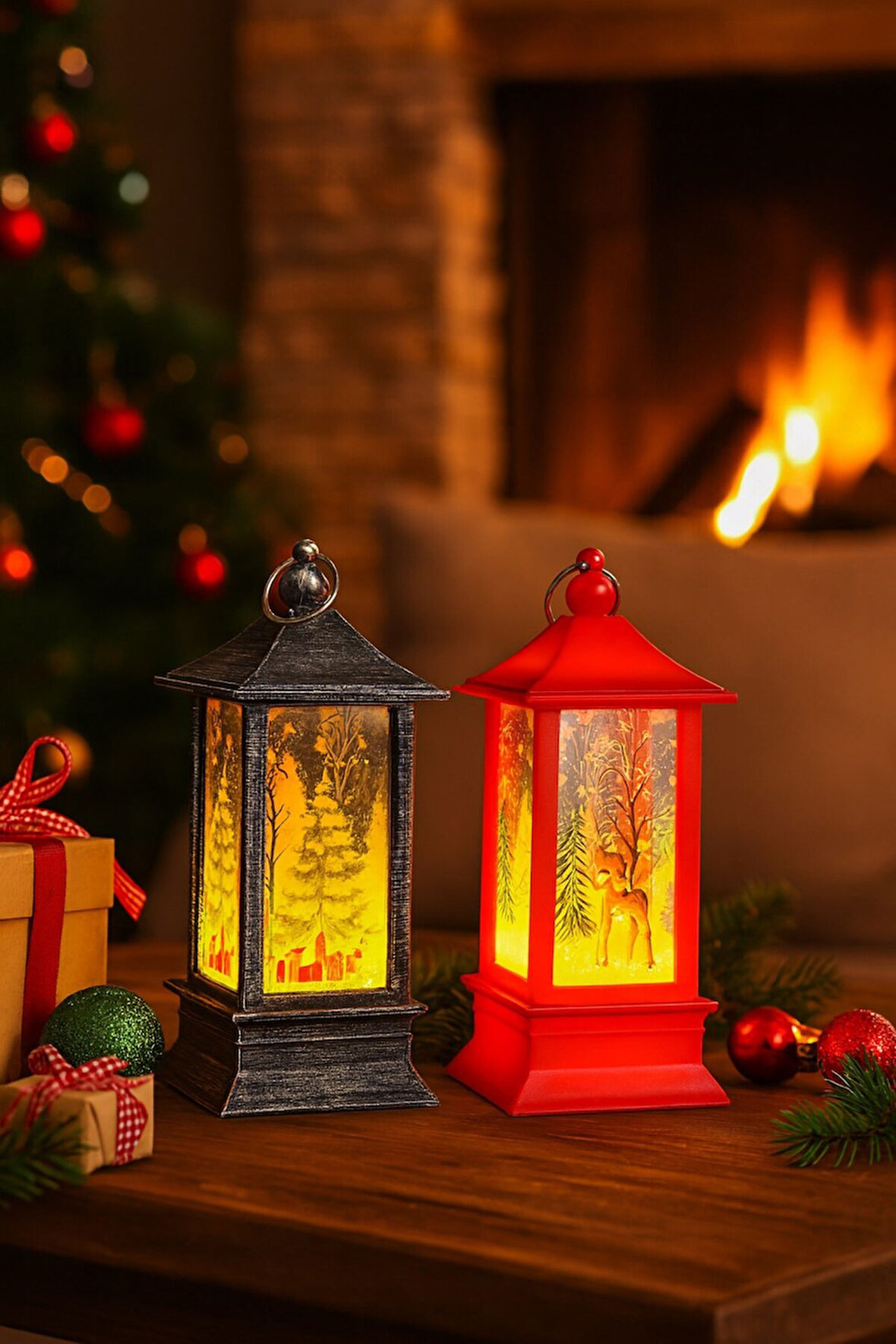 Yeni Yıl Noel Temalı 2 Li Set Işıklı Yılbaşı Feneri Çam Ağacı & Bambi Figürlü Kandili Fener 14 Cm