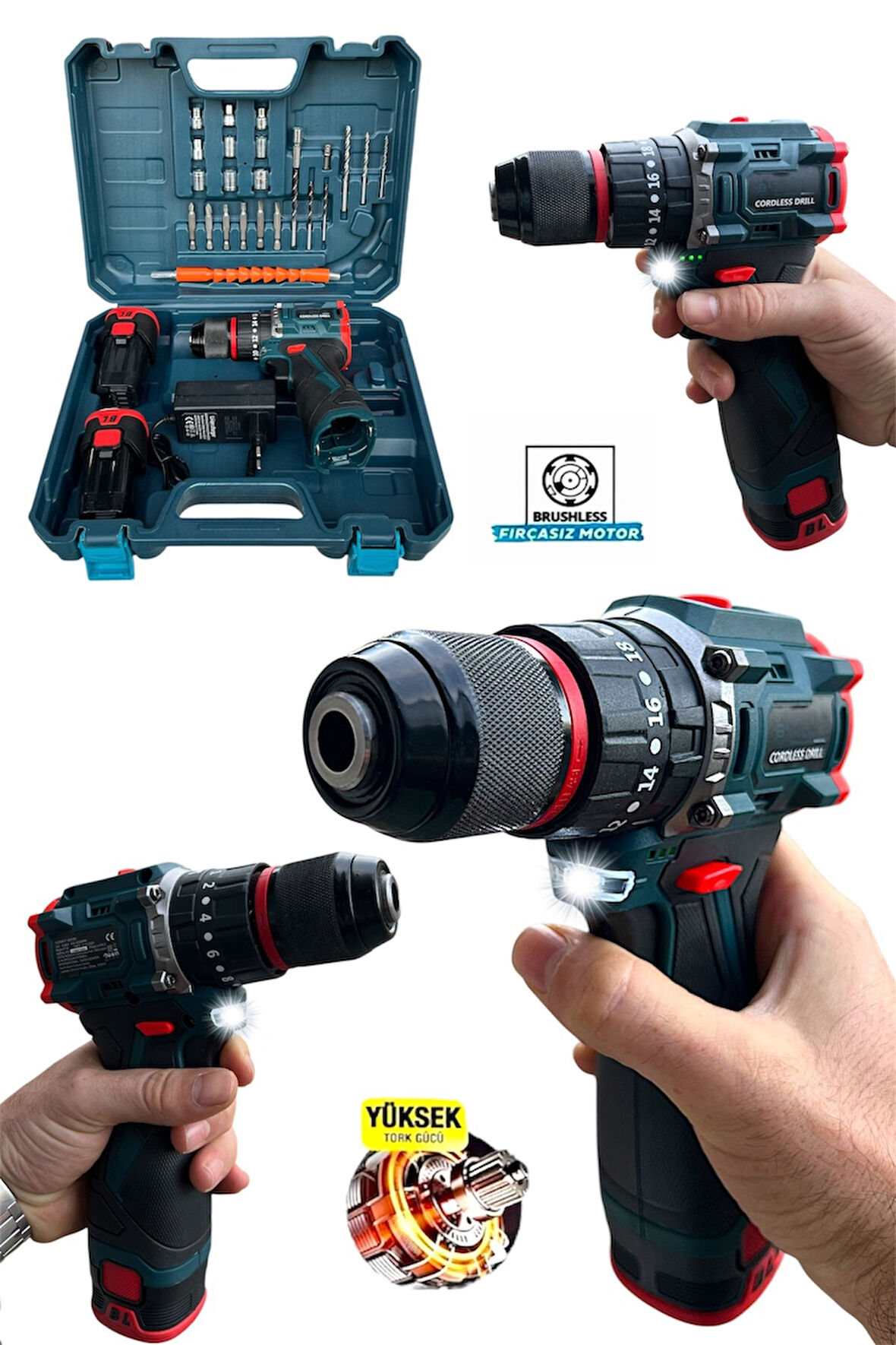 24 V 5 AH Kömürsüz Darbeli Torklu Şarjlı Matkap Lion Armut Batarya Çift Akülü Vidalama Setli