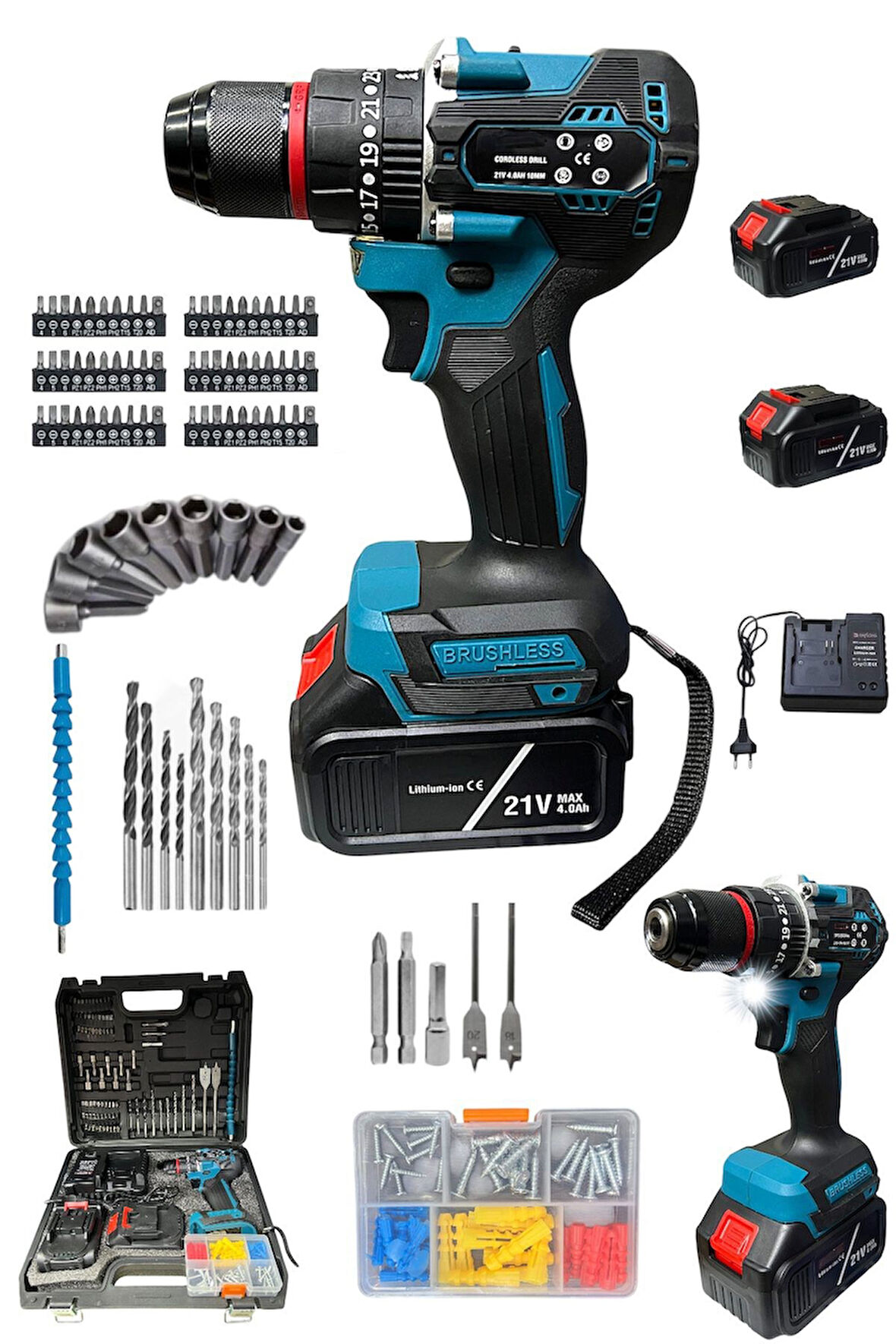 21 V 3 AH ÇİFT AKÜLÜ ÇELİK MANDREN KÖMÜRSÜZ DARBELİ ŞARJLI MATKAP VİDALAMA