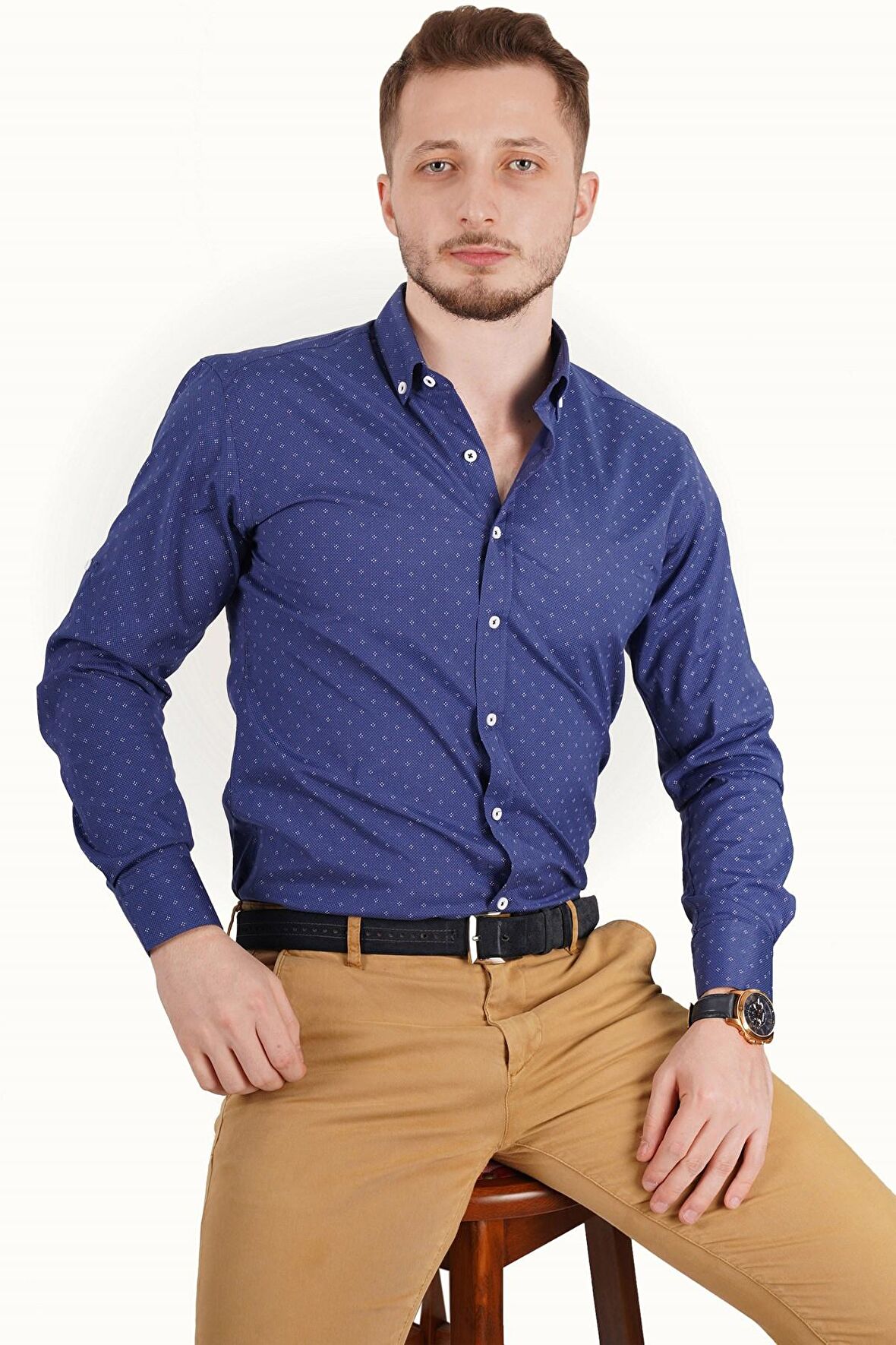 Erkek Lacivert Nokta Baskılı Slimfit Gömlek