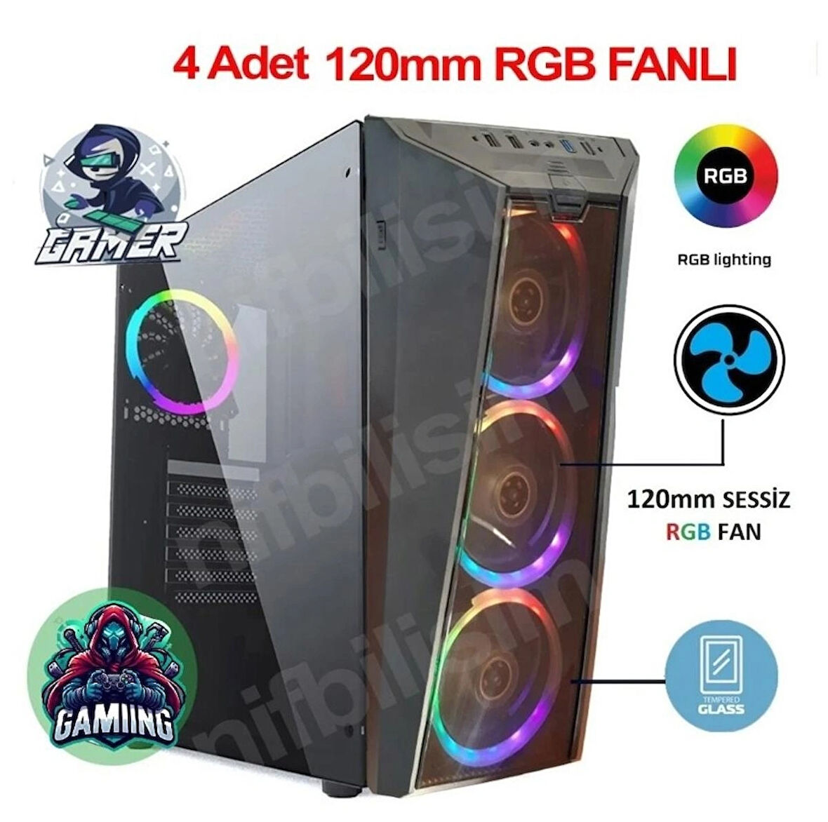 Nif Bilişim 4 Adet RGB Işıklı Fanlı Oyuncu Gamer Bilgisayar Kasası Temper Camlı PSU Hariç