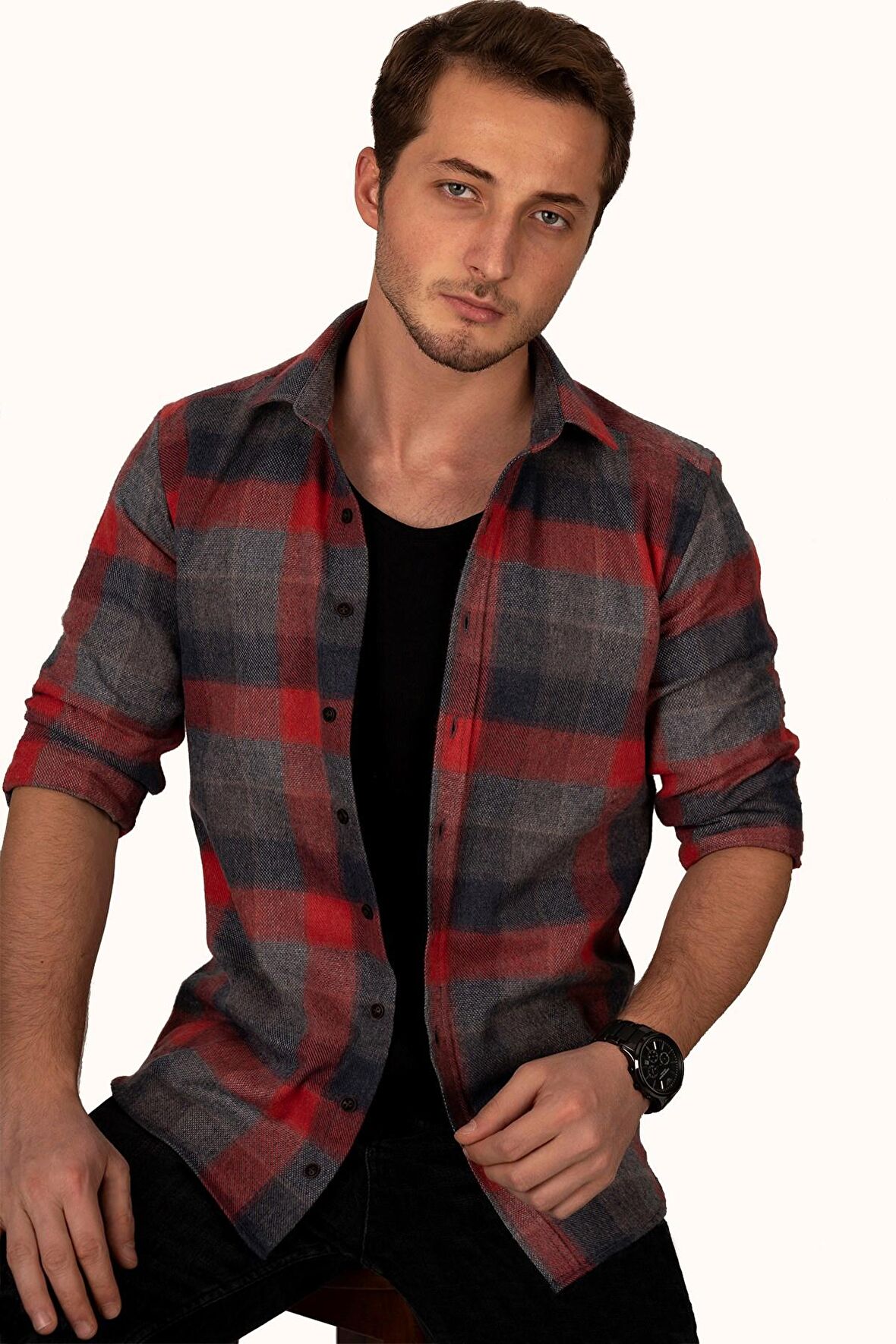 Kırmızı Gri Dama Desenli Oduncu Slimfit Gömlek