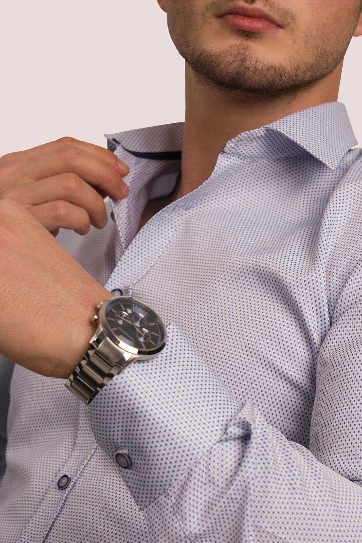 Mavi Nokta Desenli Armürlü Slimfit Gömlek