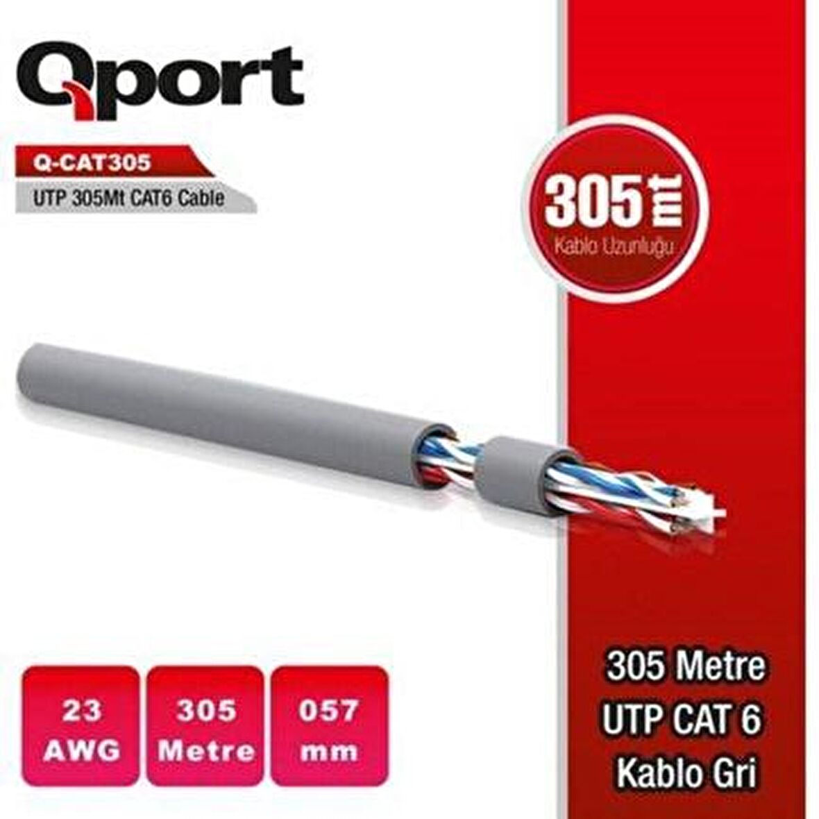 Q-Port Q-cat6 305mt Utp 305Metre Gri 23awg 0,57mm Cat6 Kablo