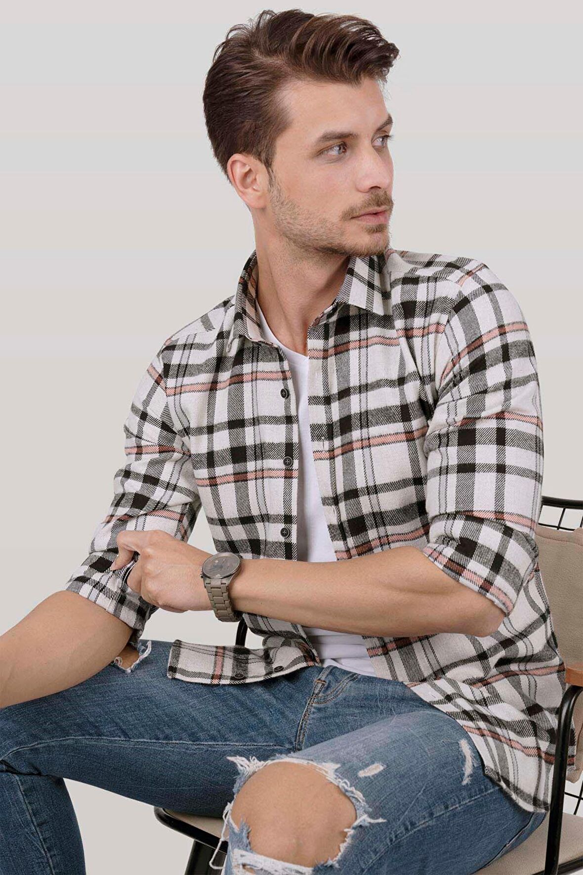 Beyaz Siyah Çizgili Slimfit Oduncu Gömlek