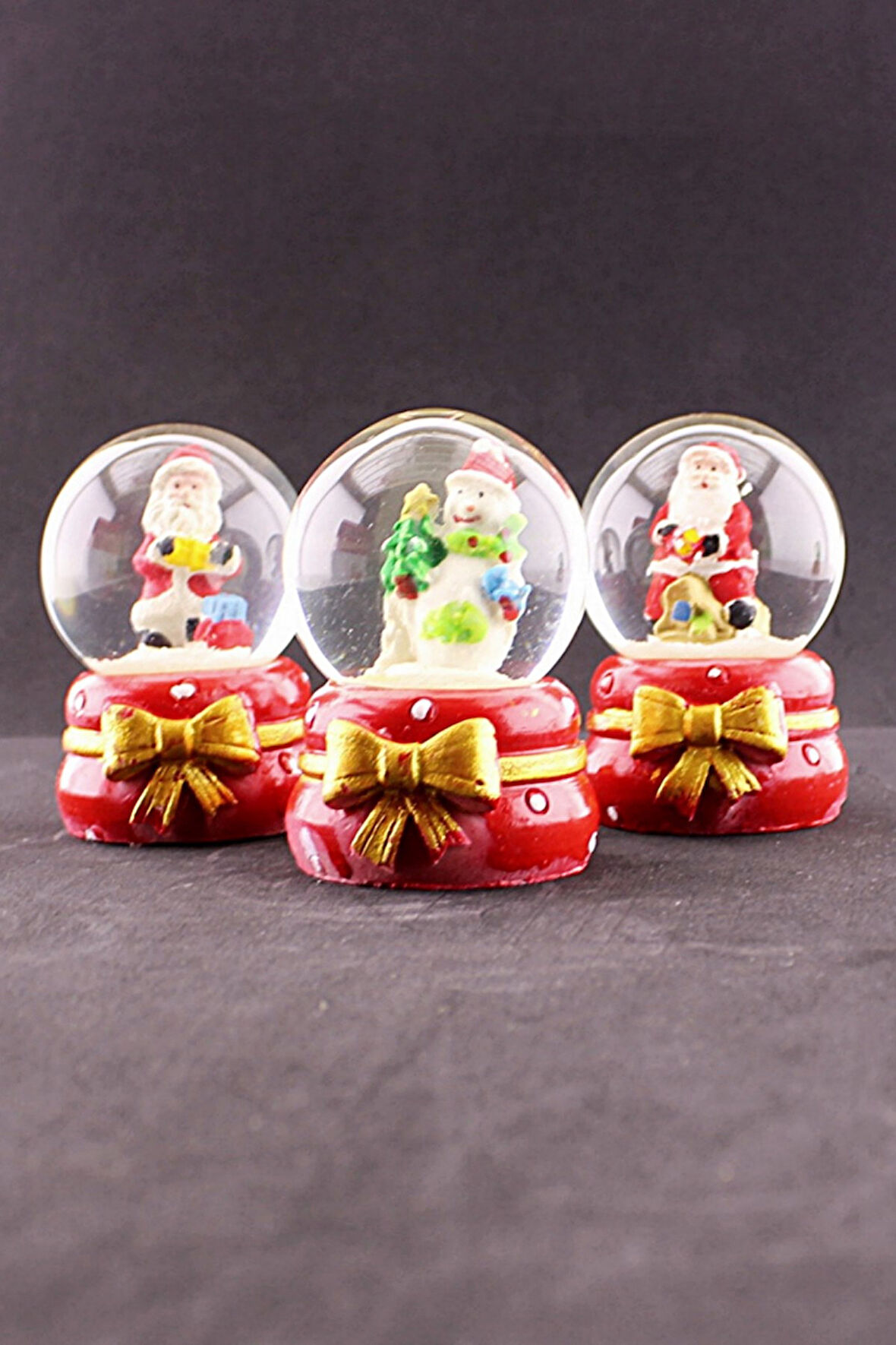 3 Adet Yeni Yıl Noel Baba Temalı Kurdele Detaylı Mini Boy Işıklı Kar Küresi 6,5 cm B