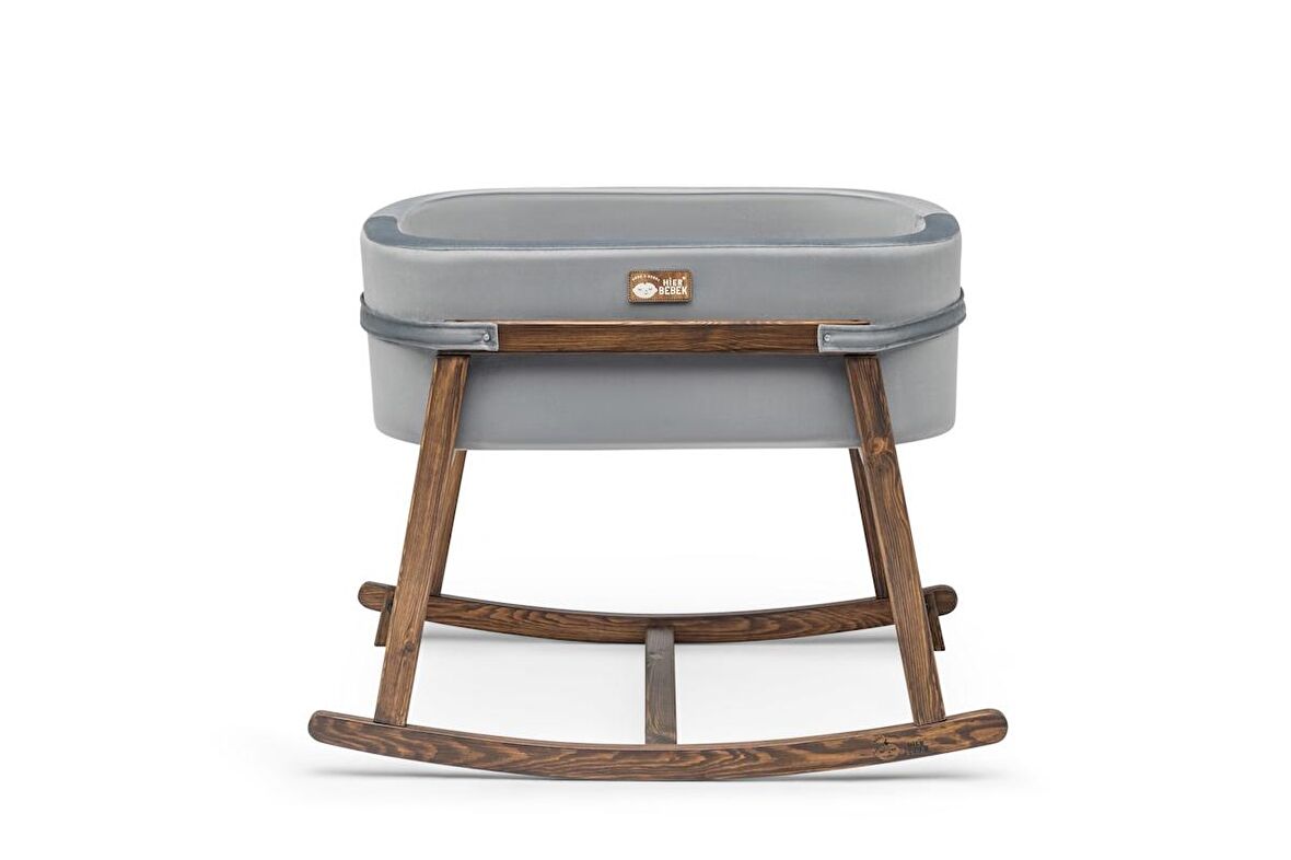 Anne Yanı Beşik Hier Bebek Ahşap Ceviz Stand Gri Sepet 