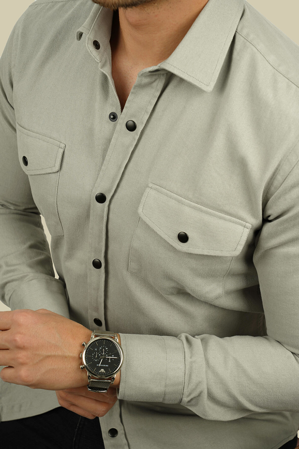 Açık Taş Rengi Slimfit Gerçek Kot Erkek Gömlek