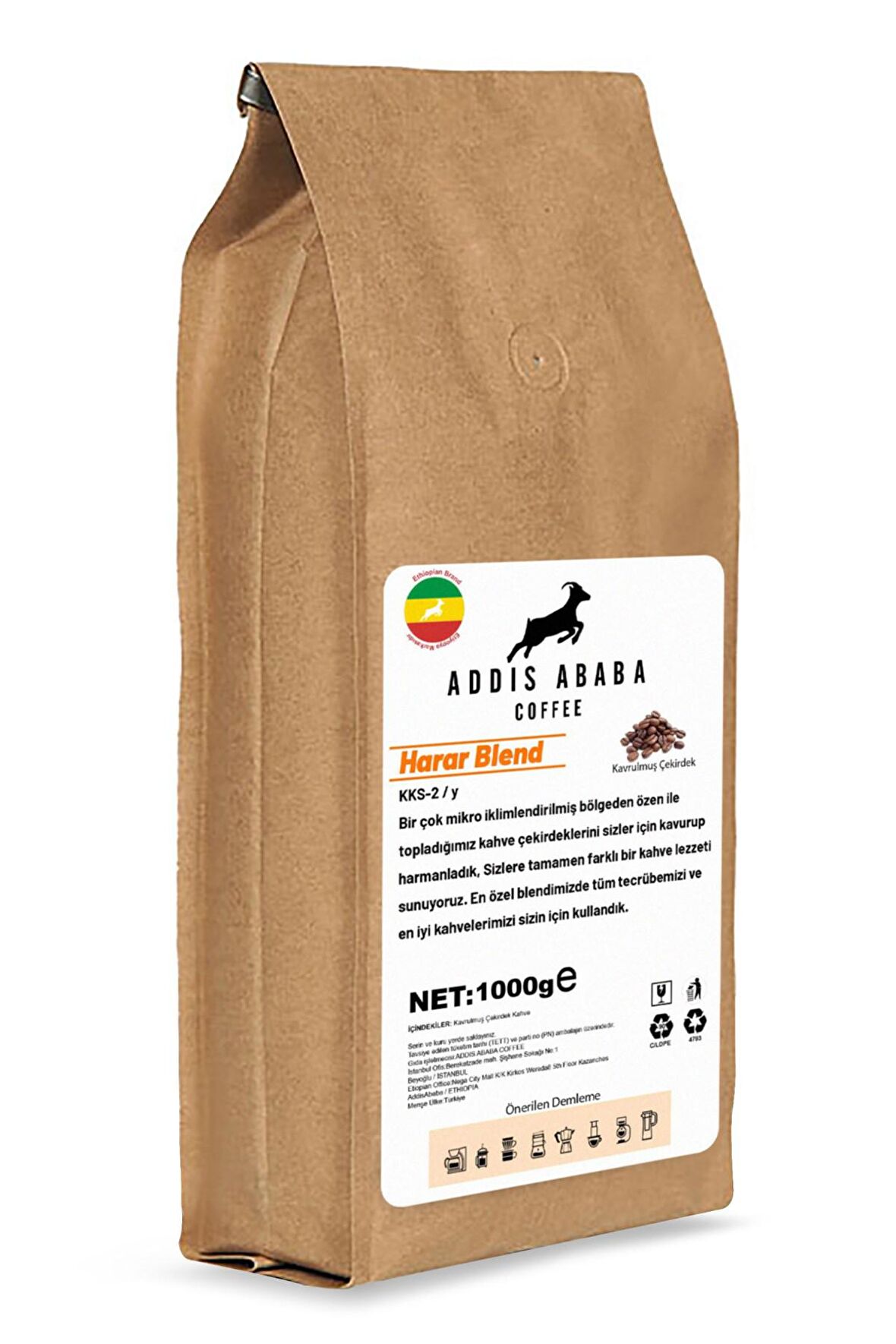 Addis Ababa Coffee Harar Blend Orta İçim Organik French Press Etiyopya Filtre Kahve 1000 gr