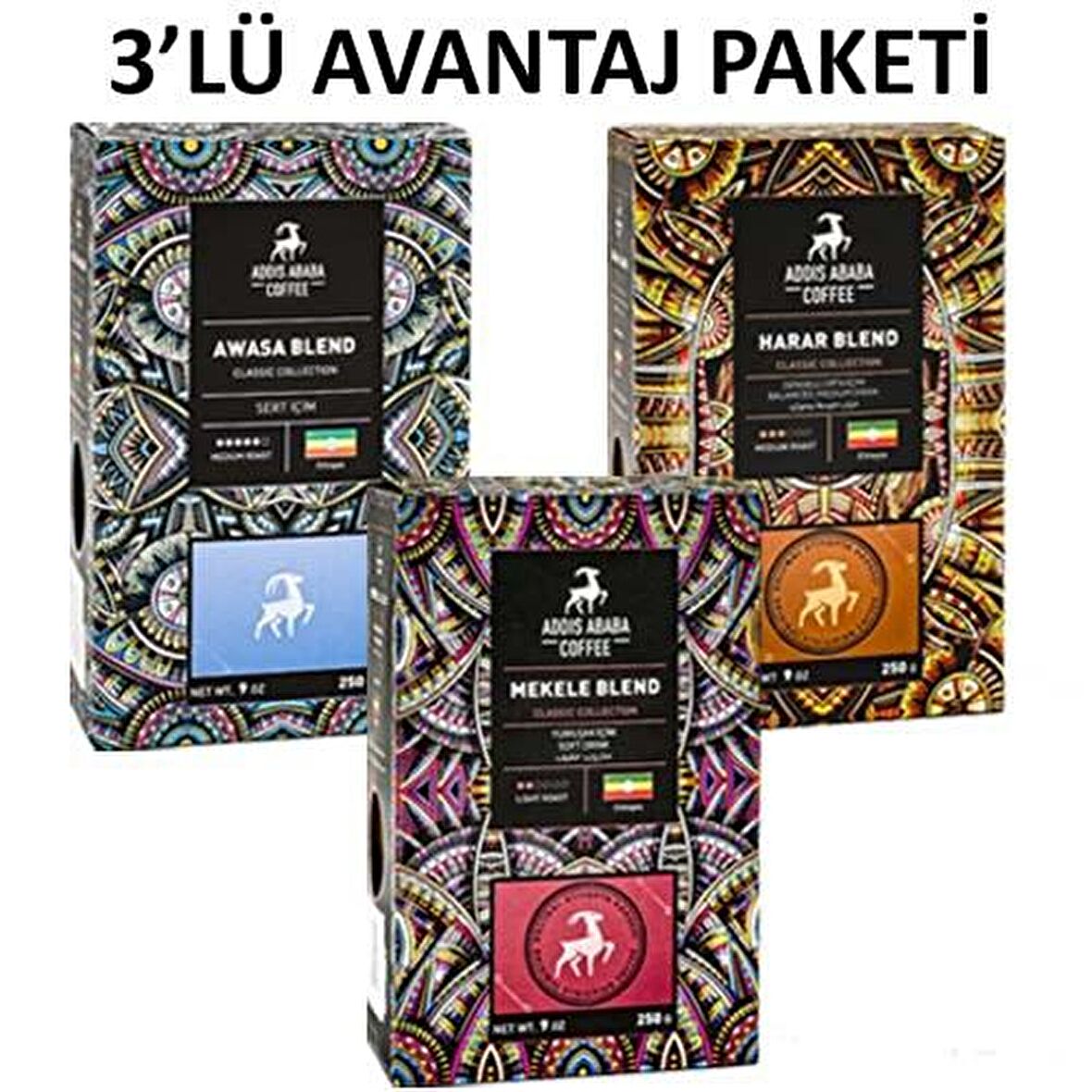 Etiyopya Aromalı 3 Lü Deneme Seti Öğütülmüş Espresso Kahve (3 Ad. X 250 Gr. ) 750 Gr.