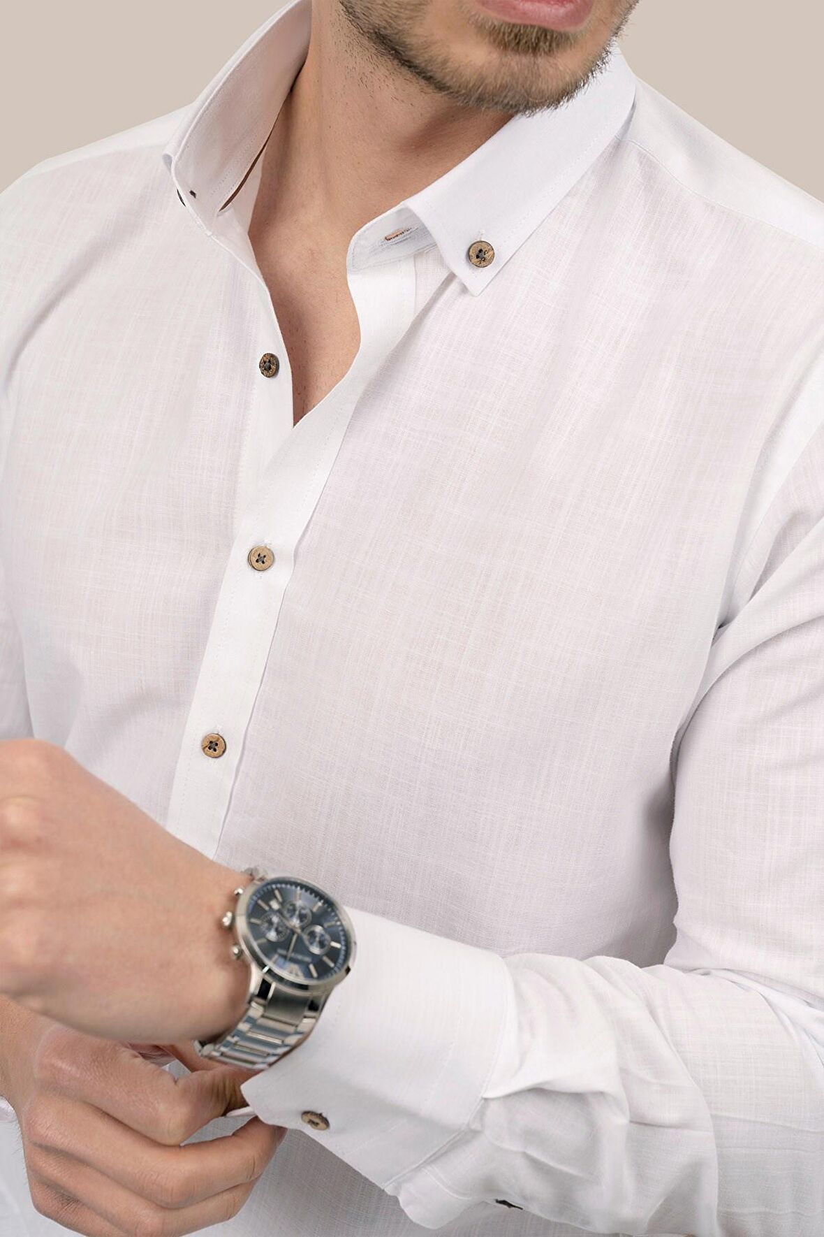 Beyaz Kahve Düğmeli Keten Slimfit   Gömlek
