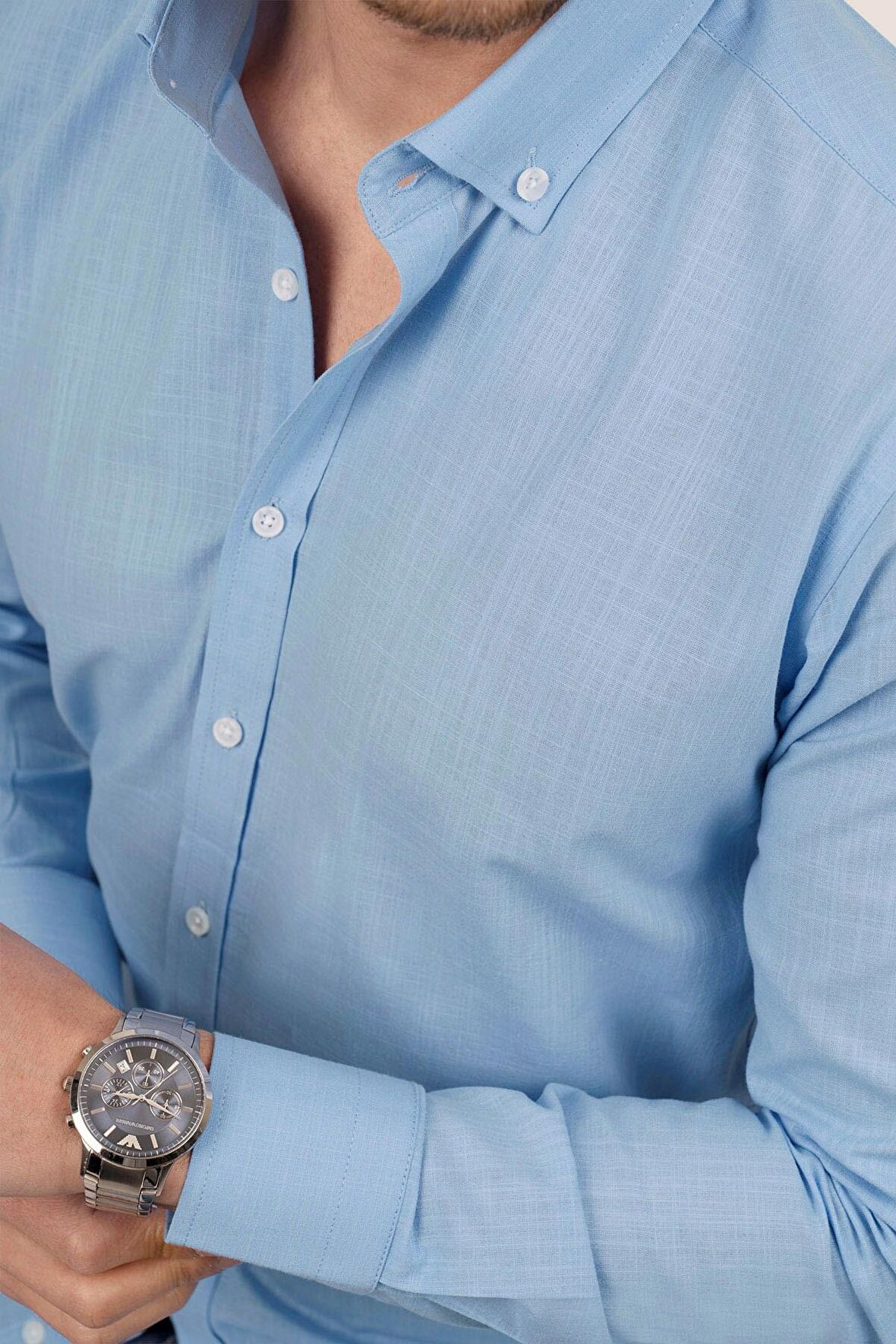 Mavi Yaka Düğmeli Keten Slimfit Kutulu Gömlek