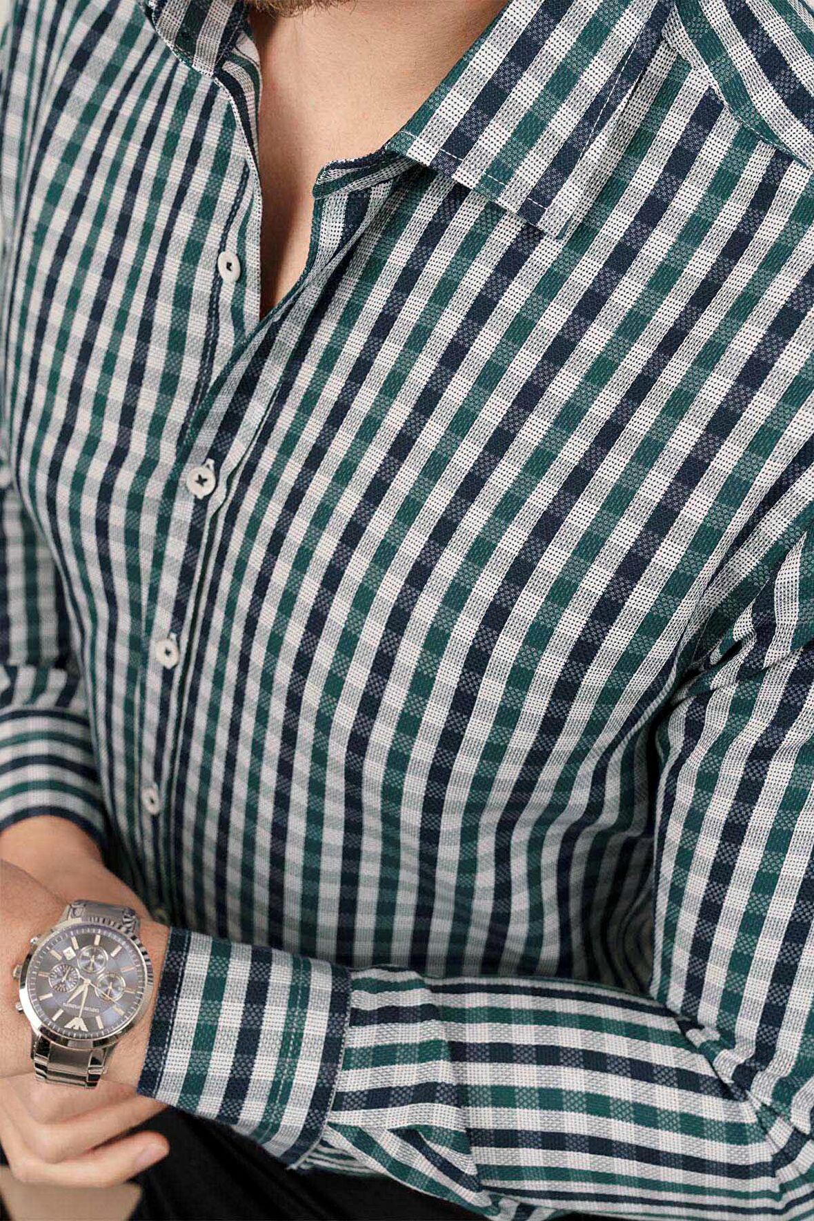 Yeşil Lacivert Kareli Slimfit Erkek   Gömlek