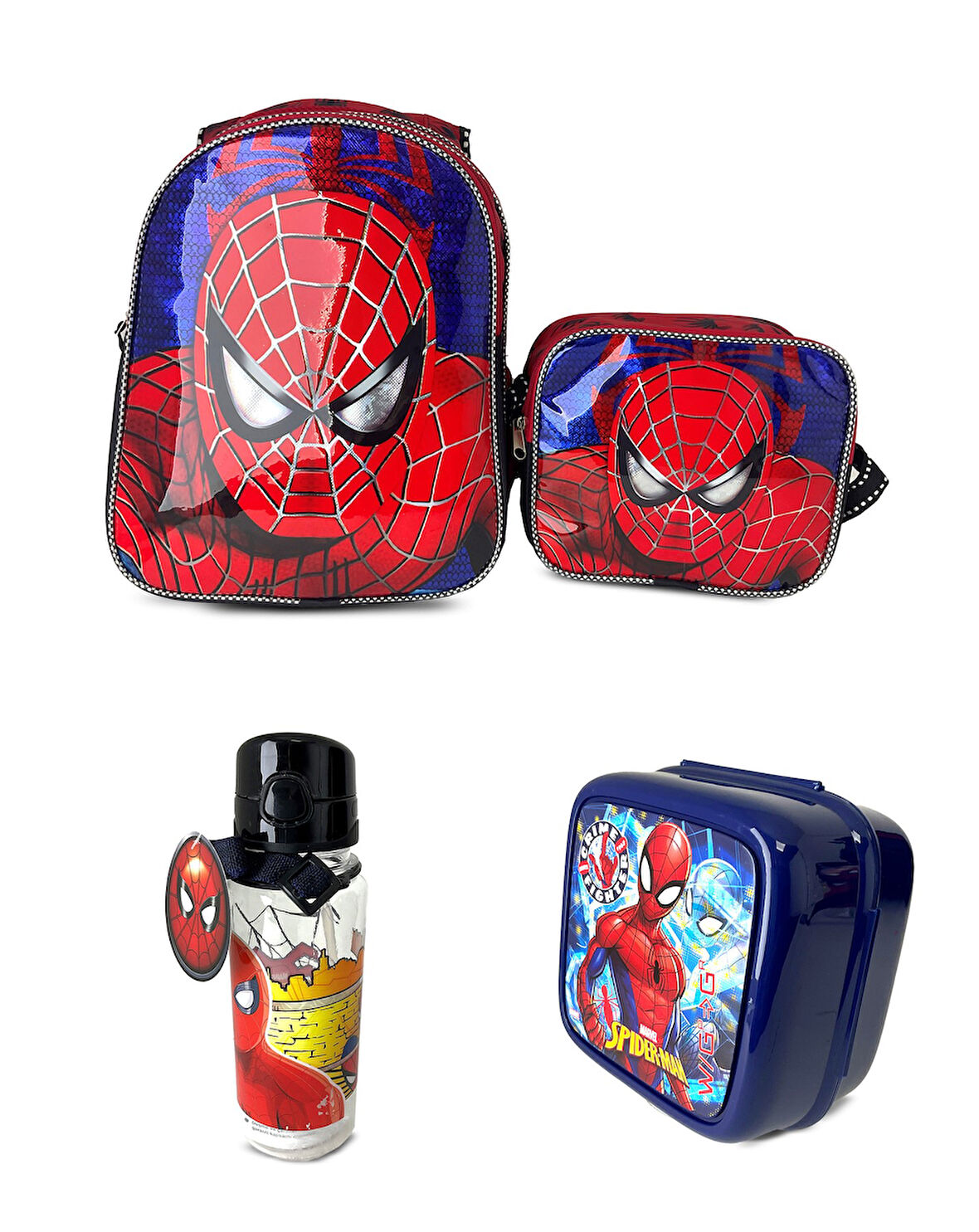 Örümcek Adam Baskılı İlkokul Çantası Beslenme Çantası+Beslenme Kabı+Suluk (4 PARÇA)