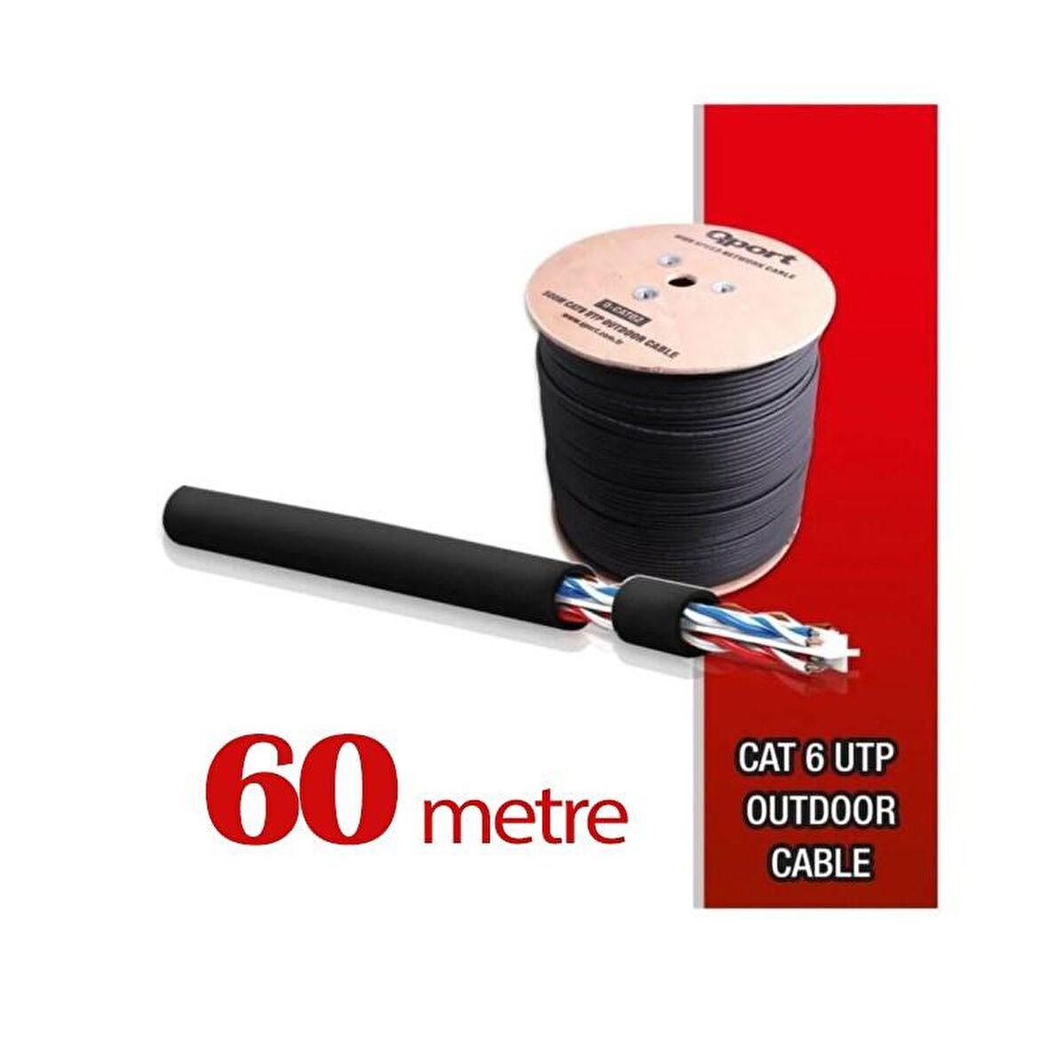 Qport Yüksek Bakır Utp 23Awg 0.58 MM Dış Ortam Cat6 Outdoor Kablo 60 Metre