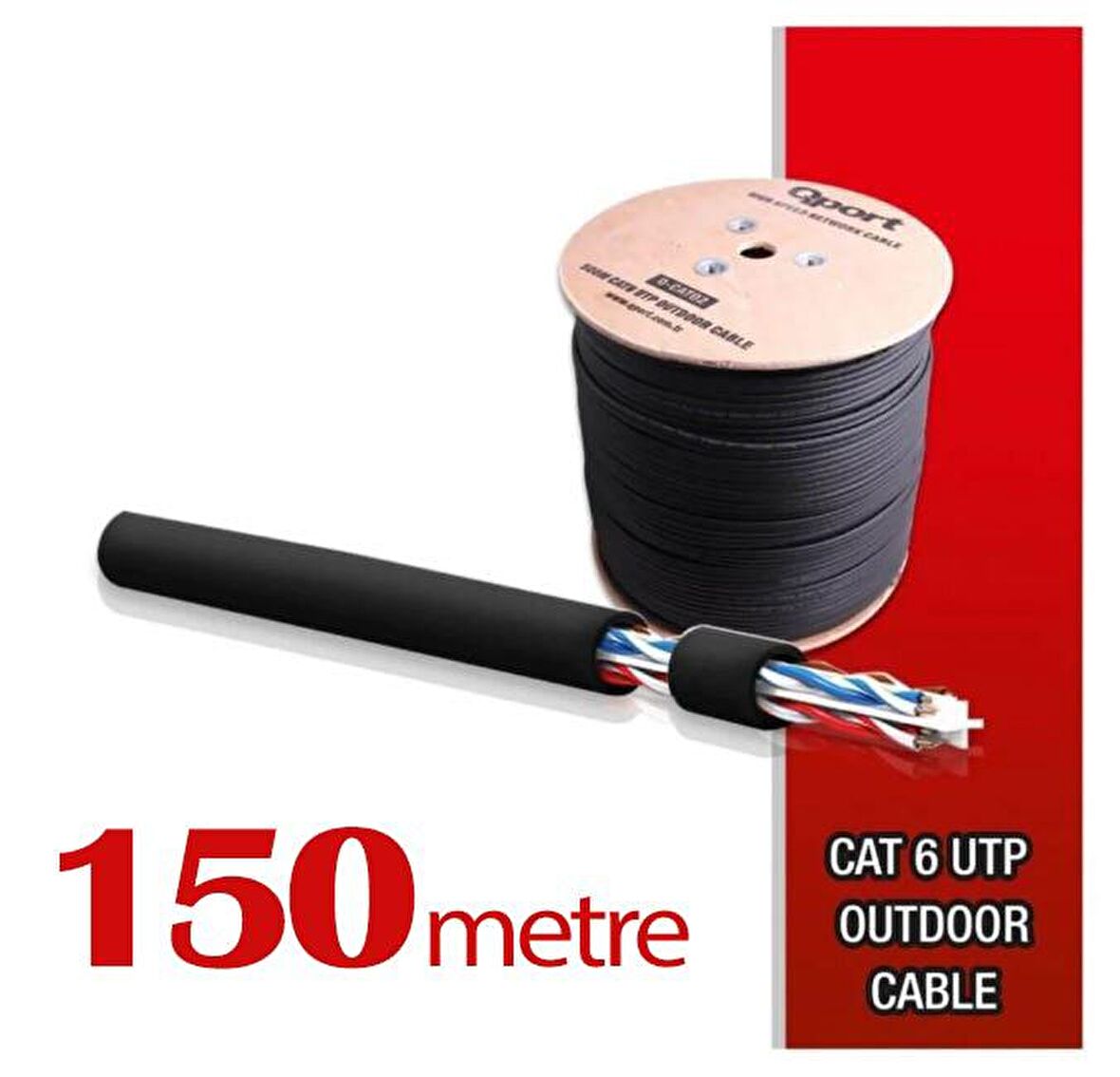 Qport Yüksek Bakır Utp 23Awg 0.58 MM Dış Ortam Cat6 Outdoor Kablo 150 Metre