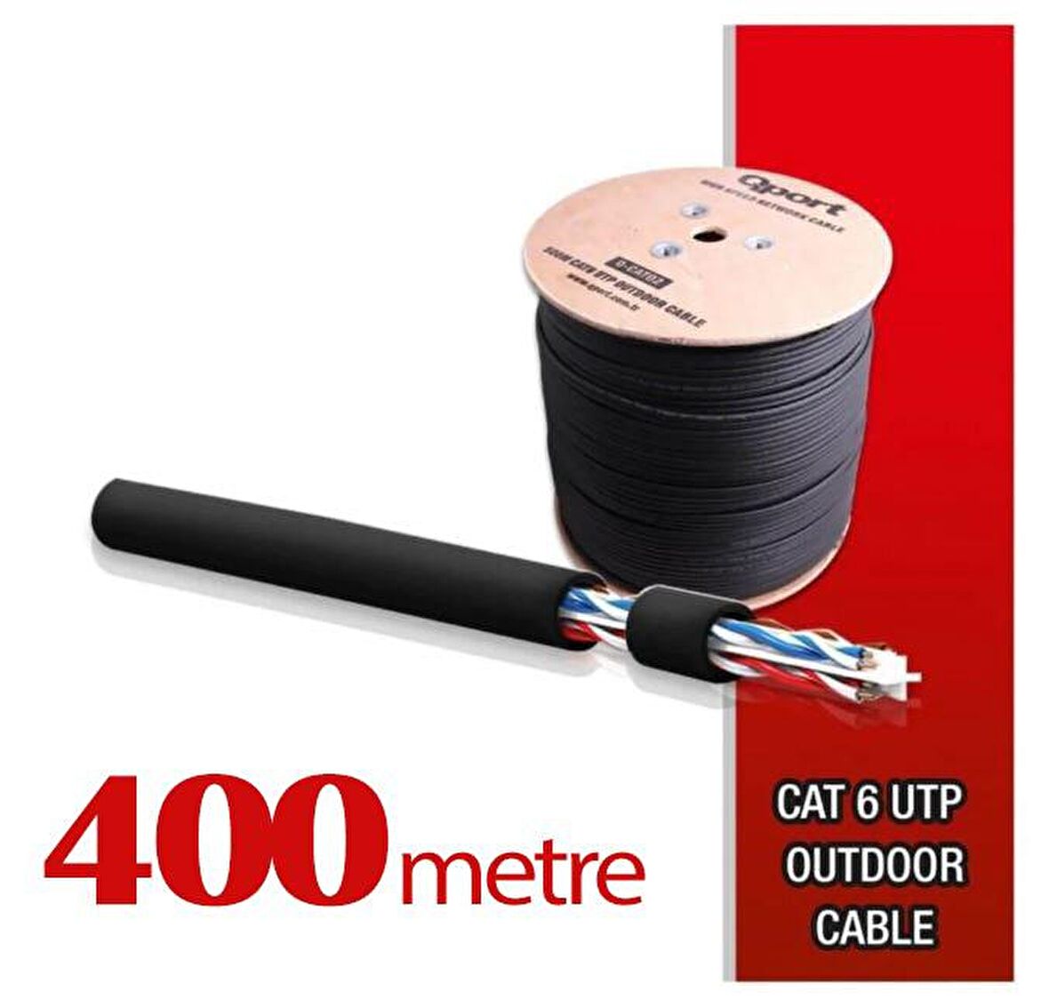 Qport Yüksek Bakır Utp 23Awg 0.58 MM Dış Ortam Cat6 Outdoor Kablo 400 Metre