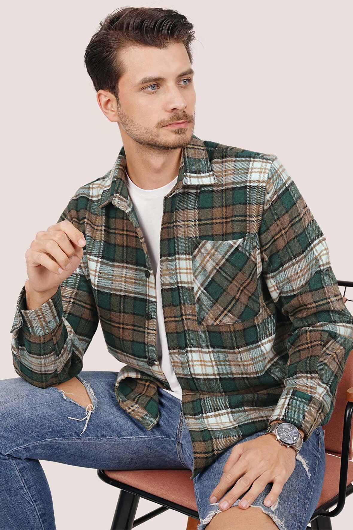 Yeşil Kahve Geçişli Kalın Oversize Gömlek