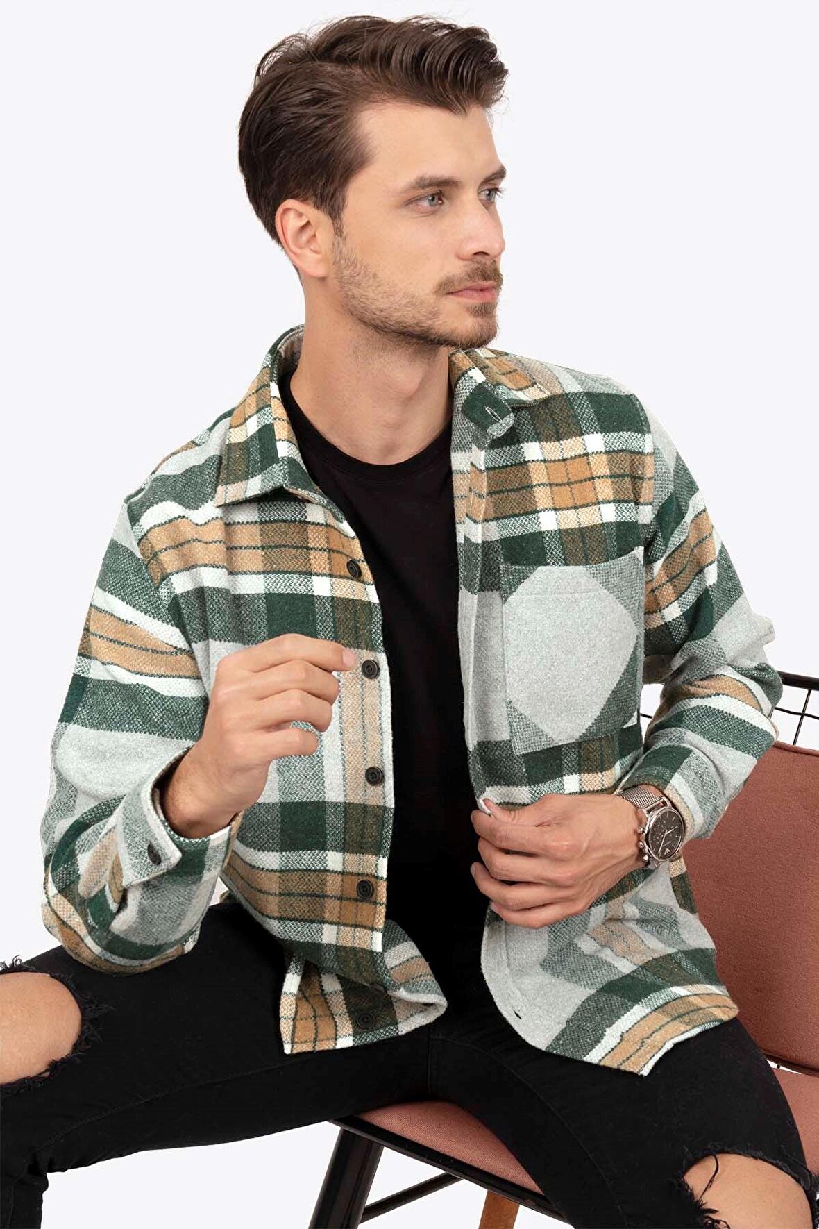 Gri Yeşil Geçişli Oversize Kalın Oduncu Gömlek