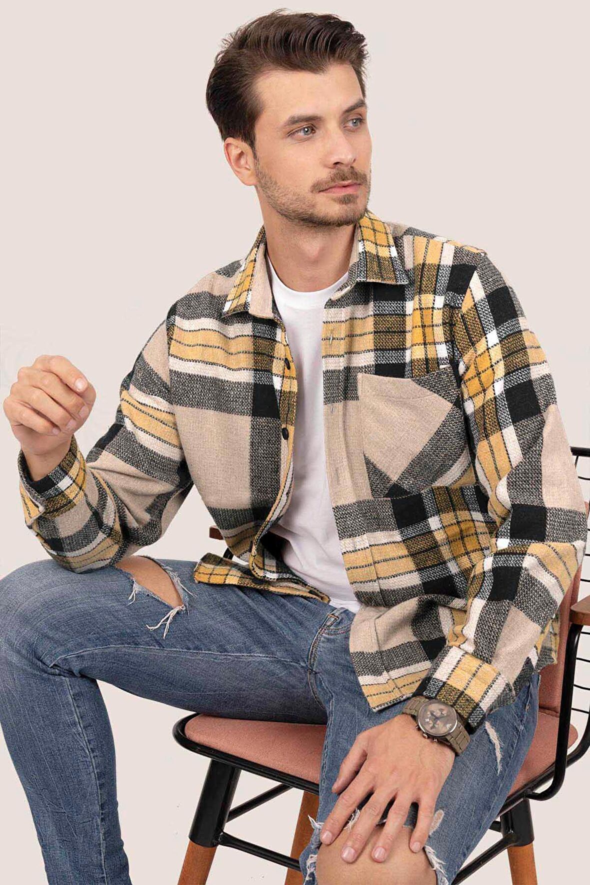 Sarı Siyah Geçişli Oversize Kalın Oduncu Gömlek