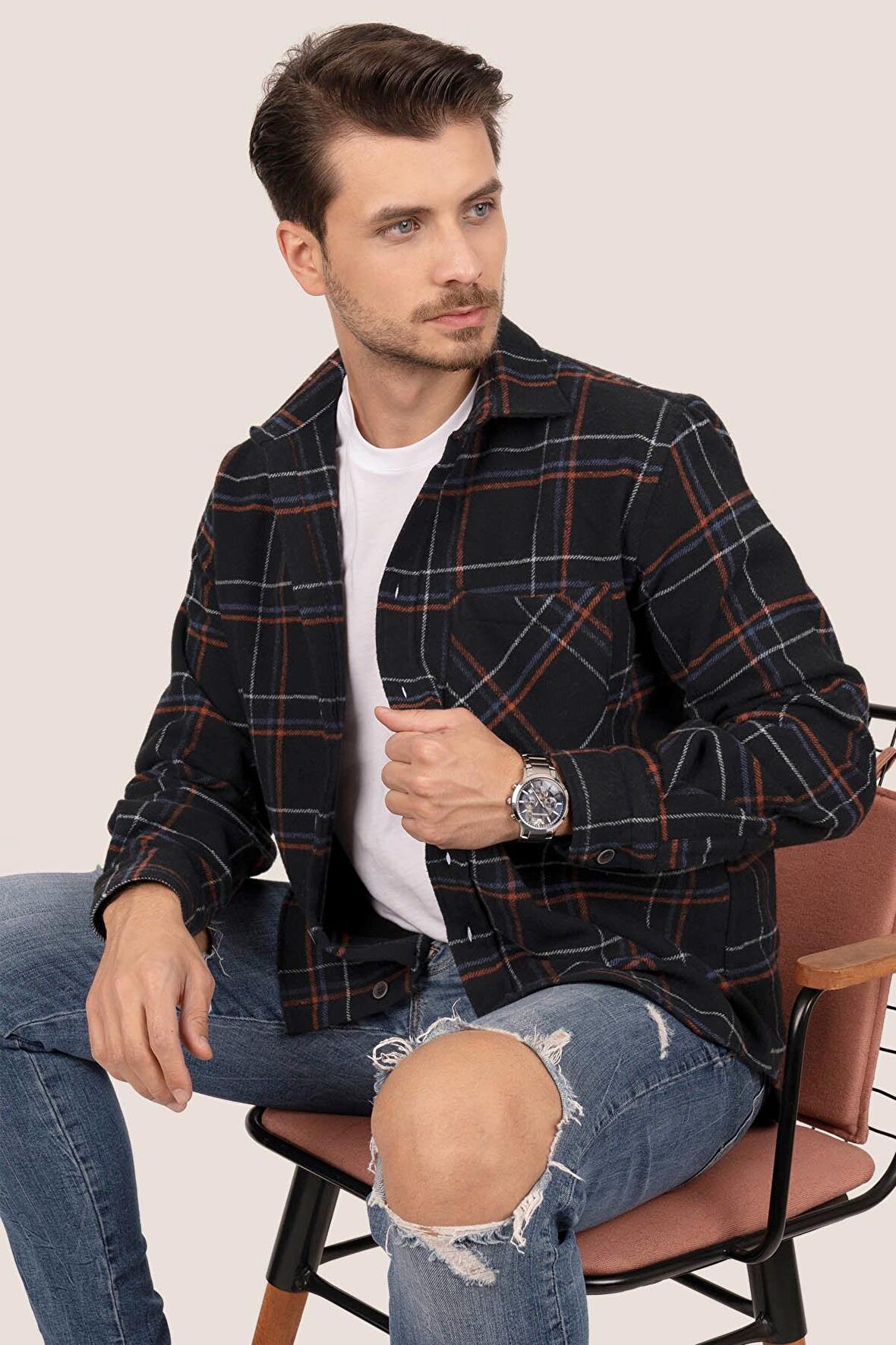 Siyah Kiremit Çizgili Oversize Kalın Oduncu Gömlek