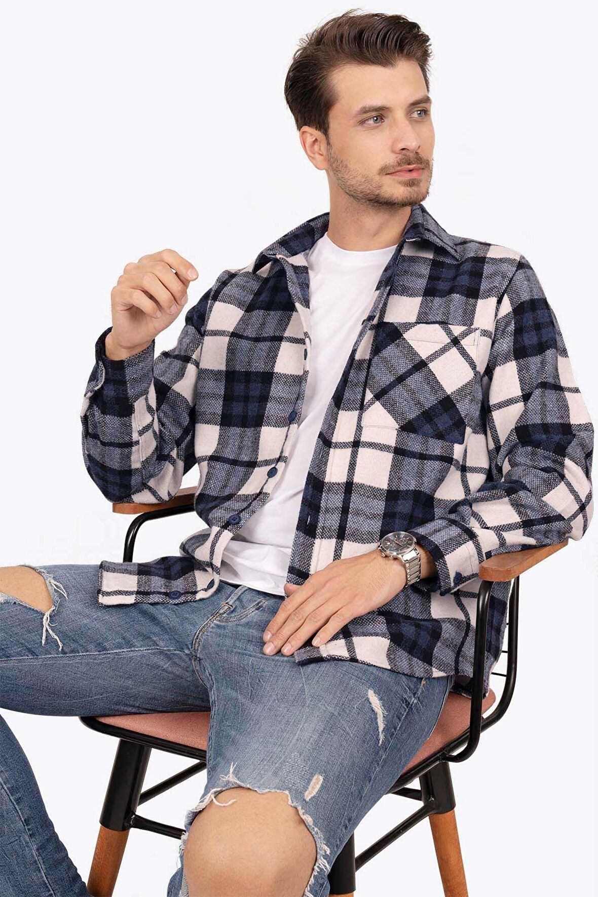 Lacivert Beyaz Geçişli Oversize Kalın Oduncu Gömlek