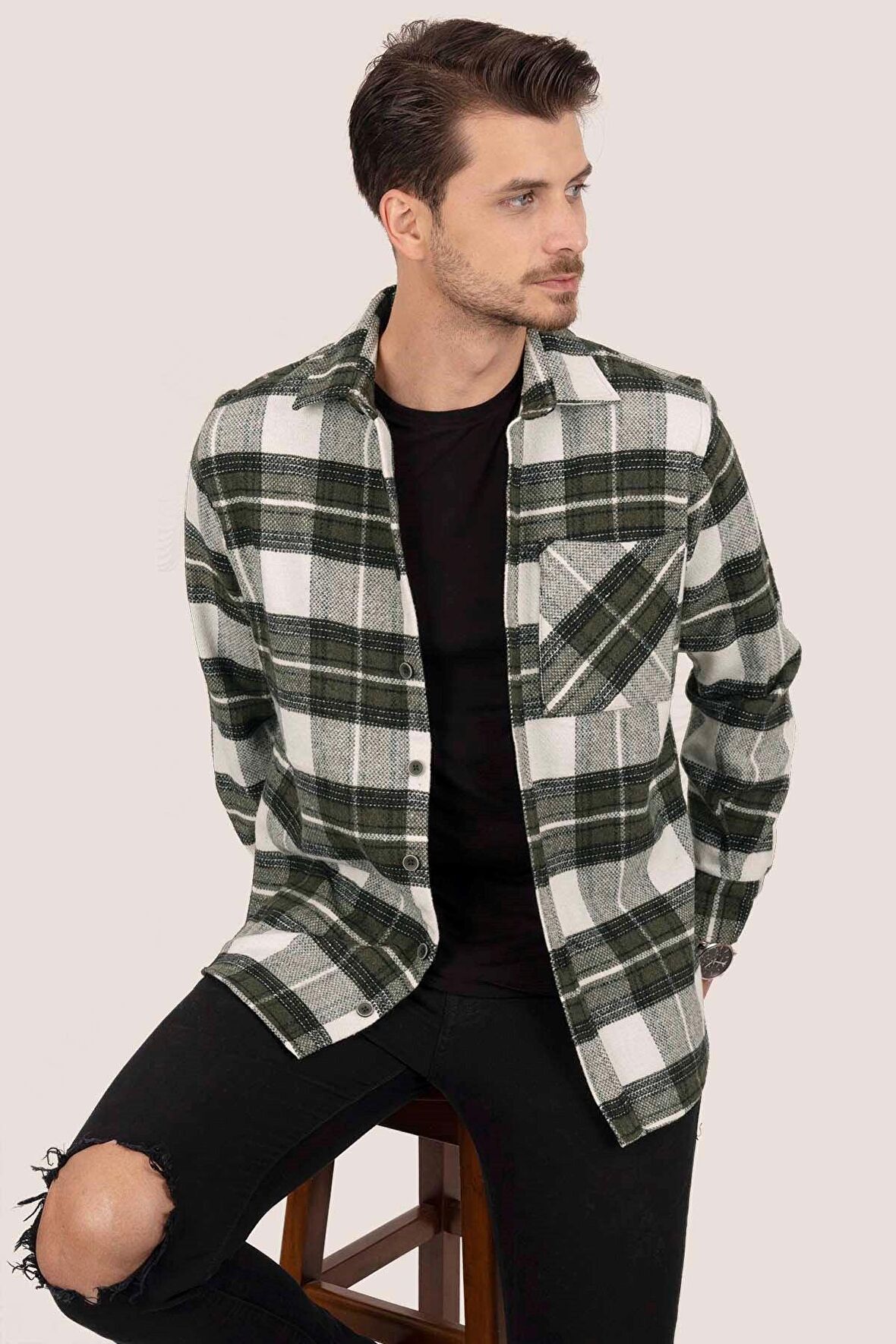 Yeşil Beyaz Geçişli Oversize Kalın Oduncu Gömlek