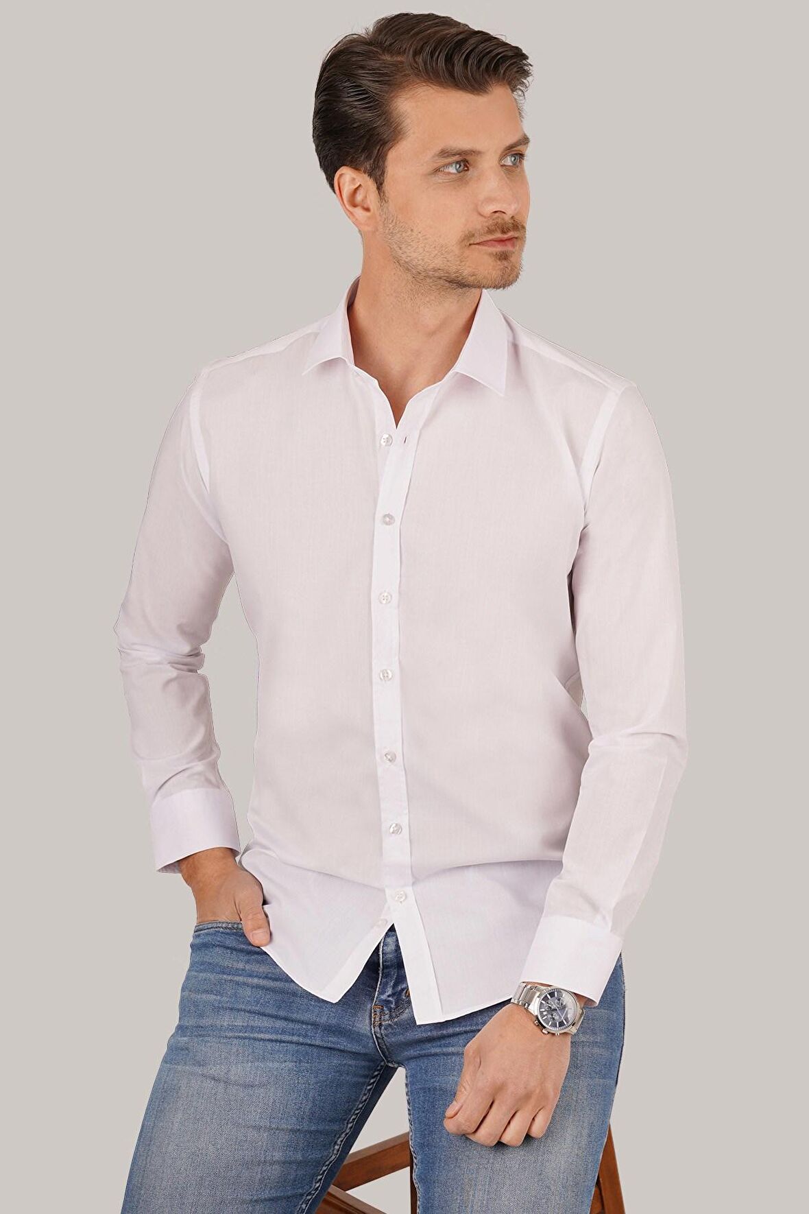 Kolay Ütülenebilir Dakron Düz Beyaz Slimfit Hediye Kutulu Gömlek