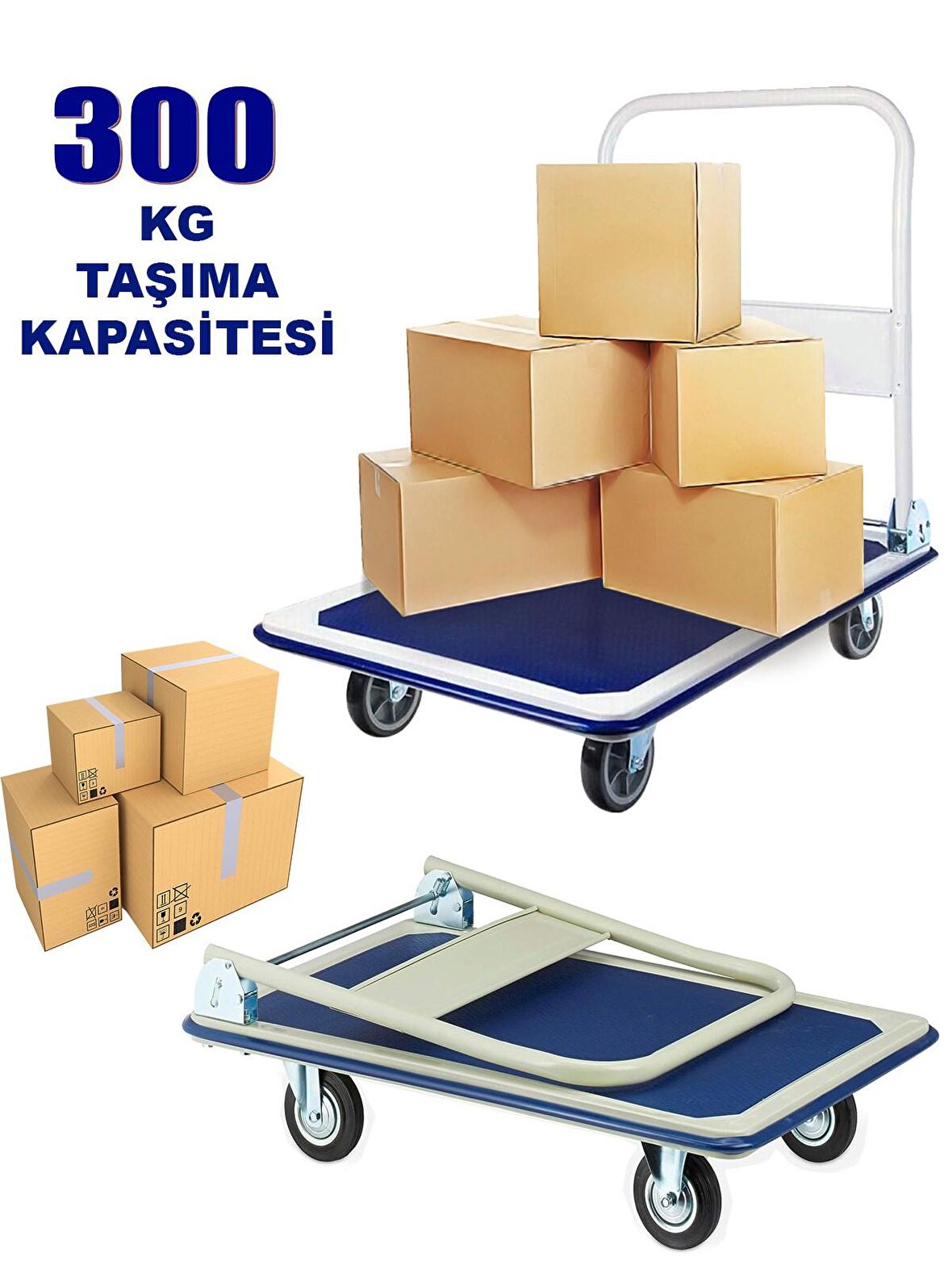 300 kg Koli Yük Paket Taşıma El Arabası 300 kg Kapasiteli Katlanır Tablalı