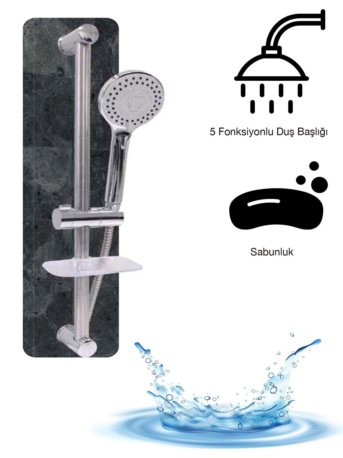 Krom Kaplama Gövde 5 Fonksiyonlu Sabunluklu Logos Sürgülü Duş Seti