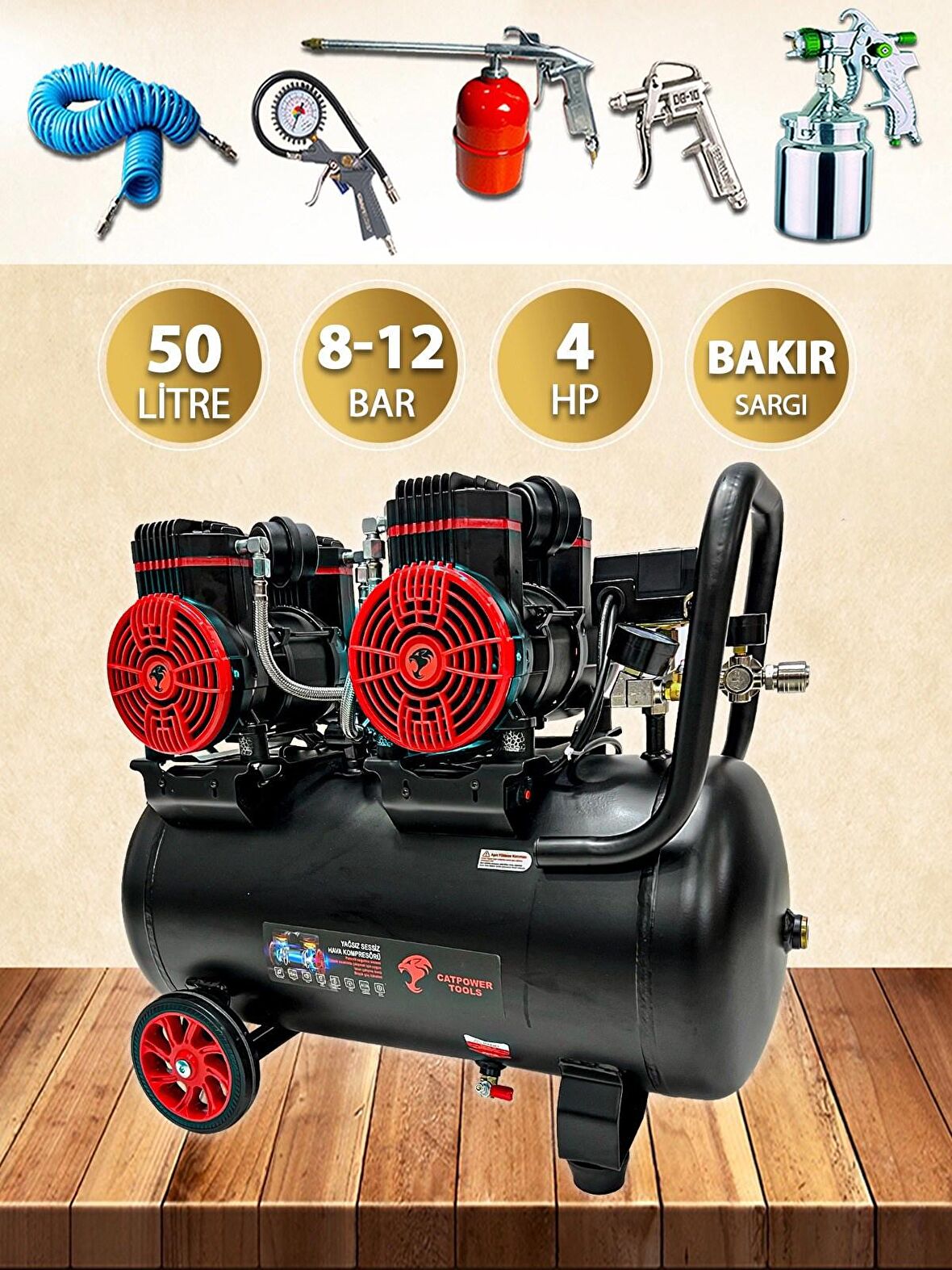 Catpower 50 Litre 4 Pistonlu Sessiz Hava Kompresörü 4 Hp 4 Piston Bakır Sargı Motor 8 Bar 5 Parça Ha