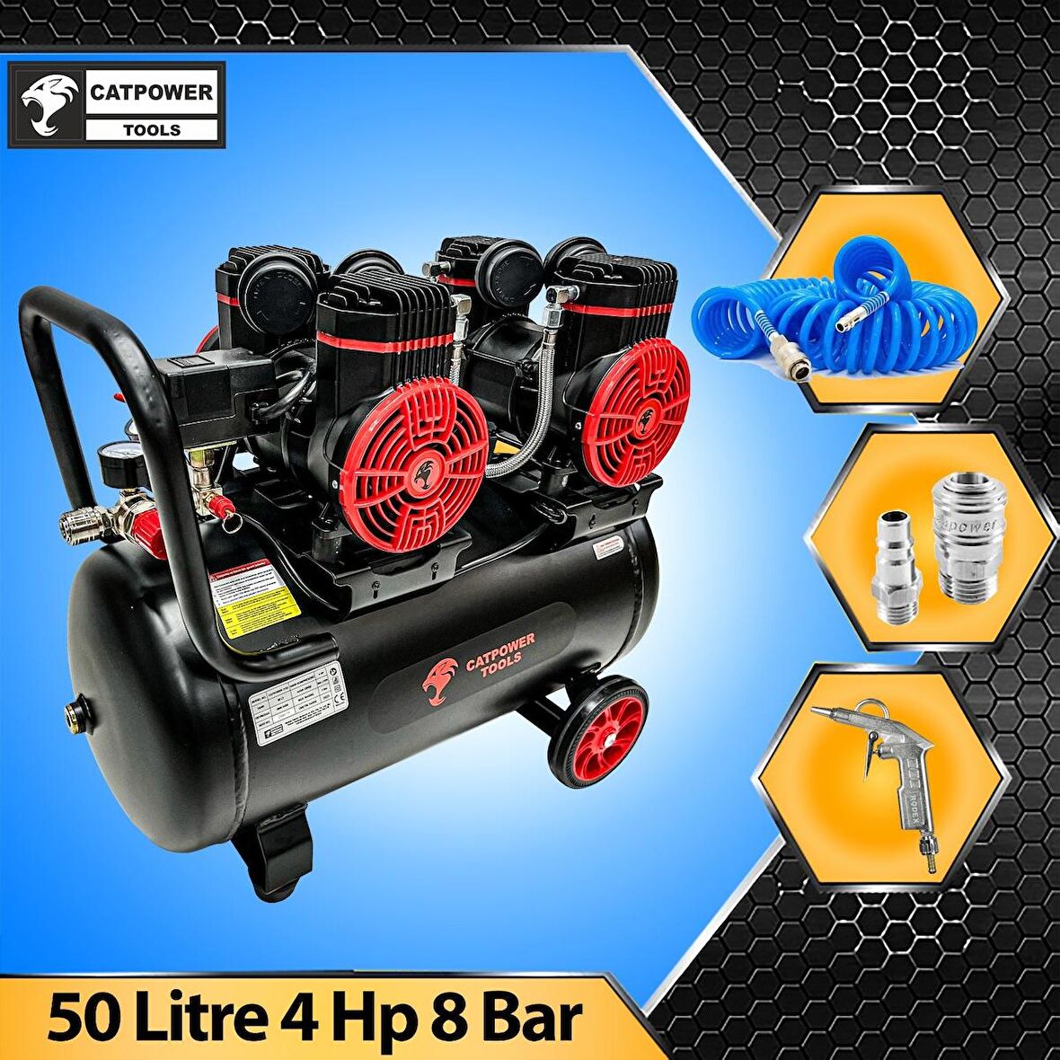 Catpower 50 Litre Sessiz Hava Kompresörü 4 Hp Bakır Sargı Motor 8 Bar 15 Metre Spiral Hava Hortumu v