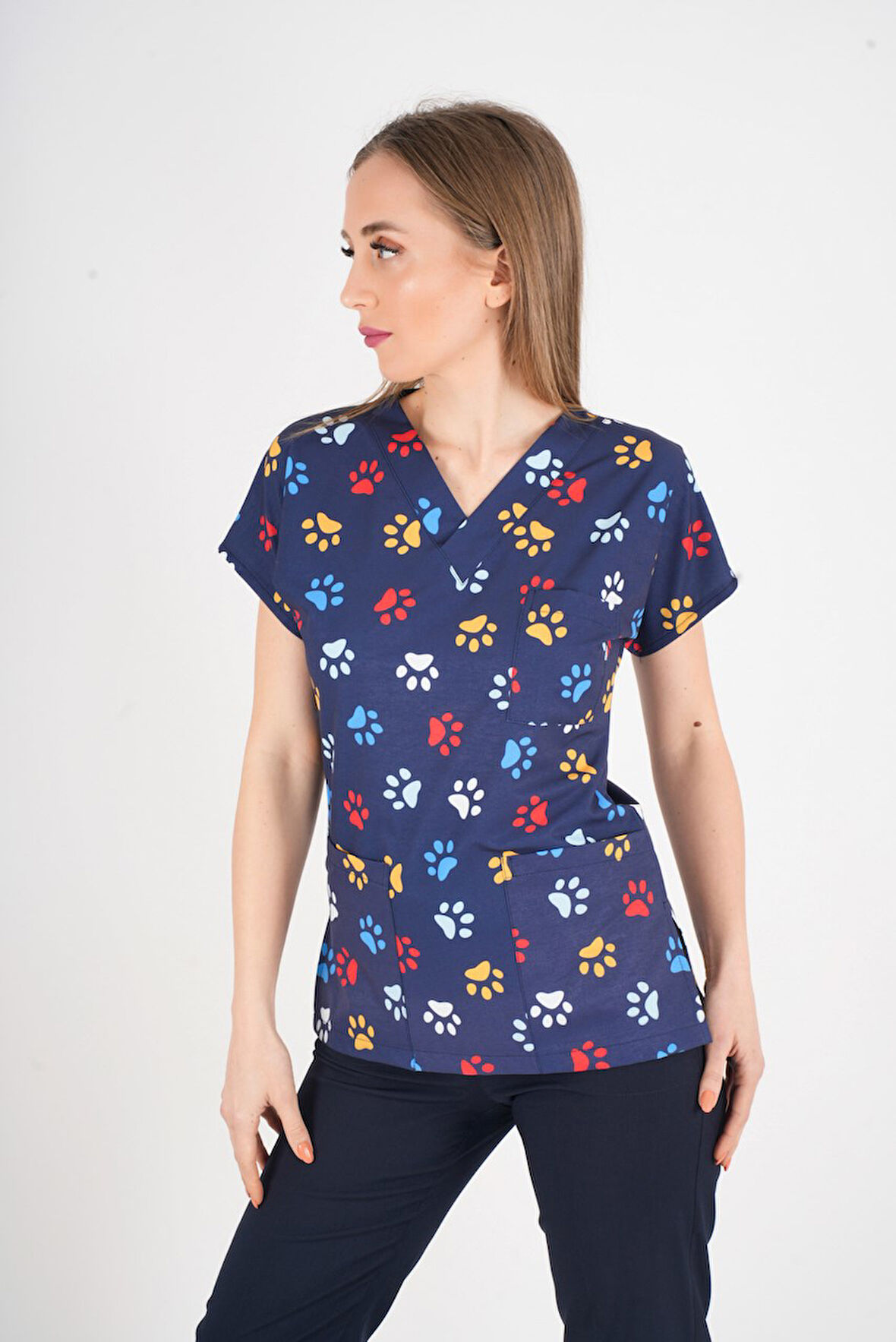 Unisex Pati Desenli Veteriner Doktor Hemşire Hastane Scrubs Tek Üst Üniforması