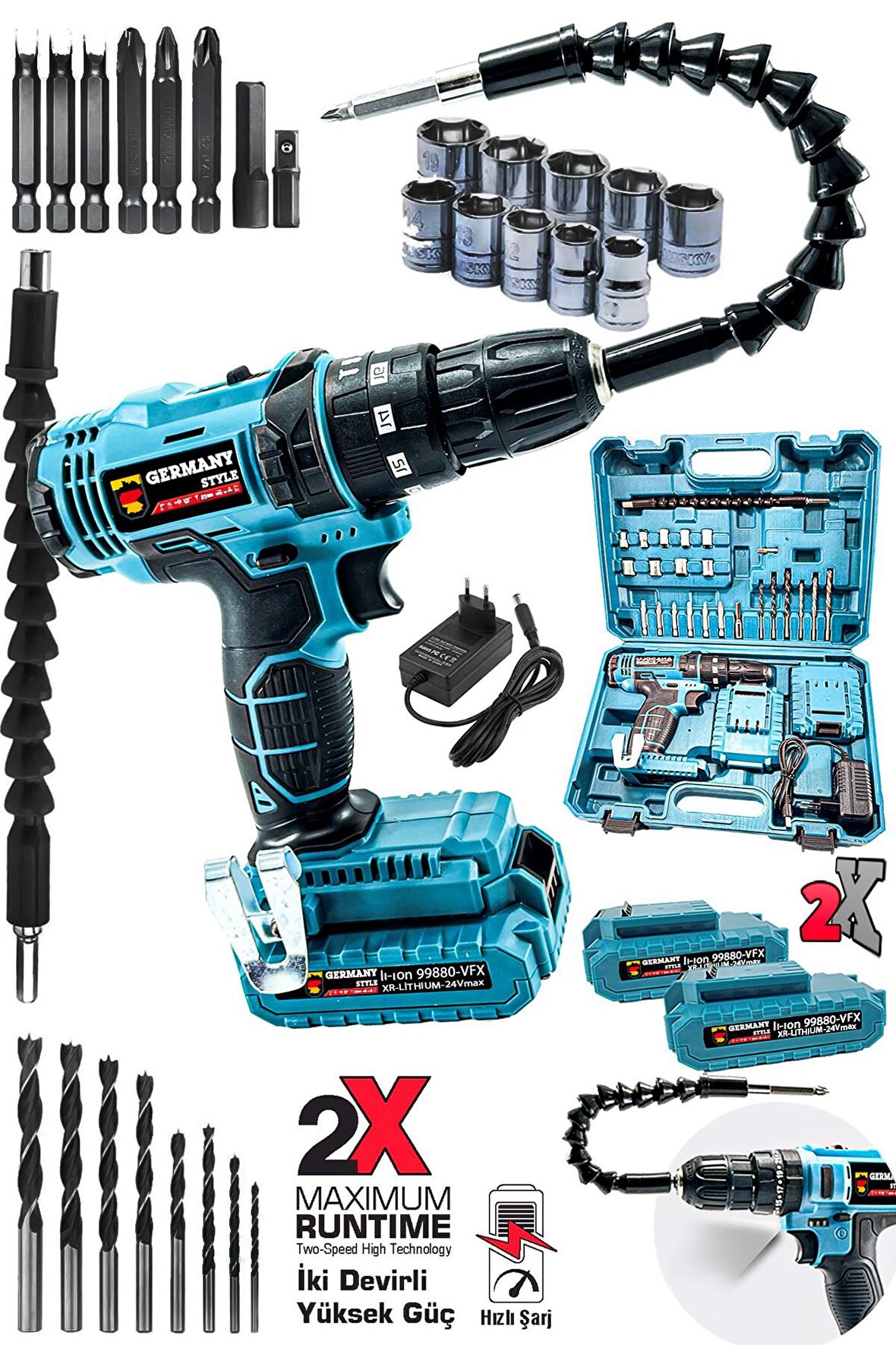 Germany Style GRM-99880 VFX Çelik Şanzıman Darbeli 15000 mAh  2 Akülü Vidalama Matkap Şarjlı Matkap