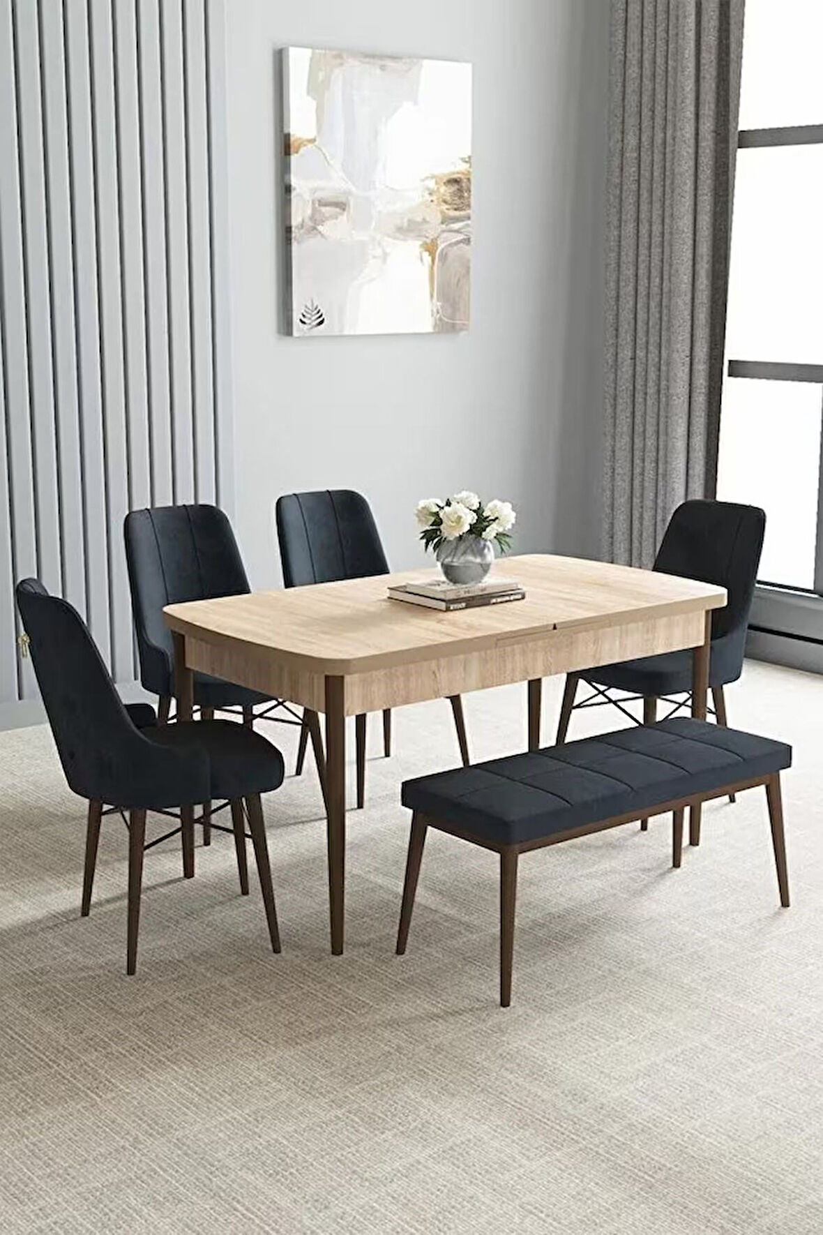 Loft Meşe Desen 80x132 Açılabilir Mdf Masa Yemek Odası Takımı, Mutfak Takımı 4 Sandalye, 1 Bench