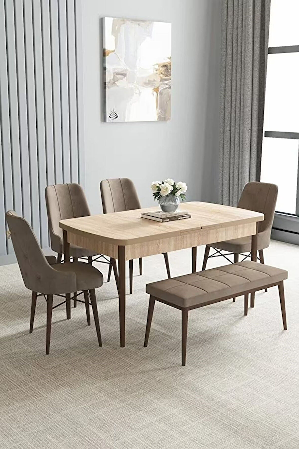 Loft Meşe Desen 80x132 Açılabilir Mdf Masa Yemek Odası Takımı, Mutfak Takımı 4 Sandalye, 1 Bench