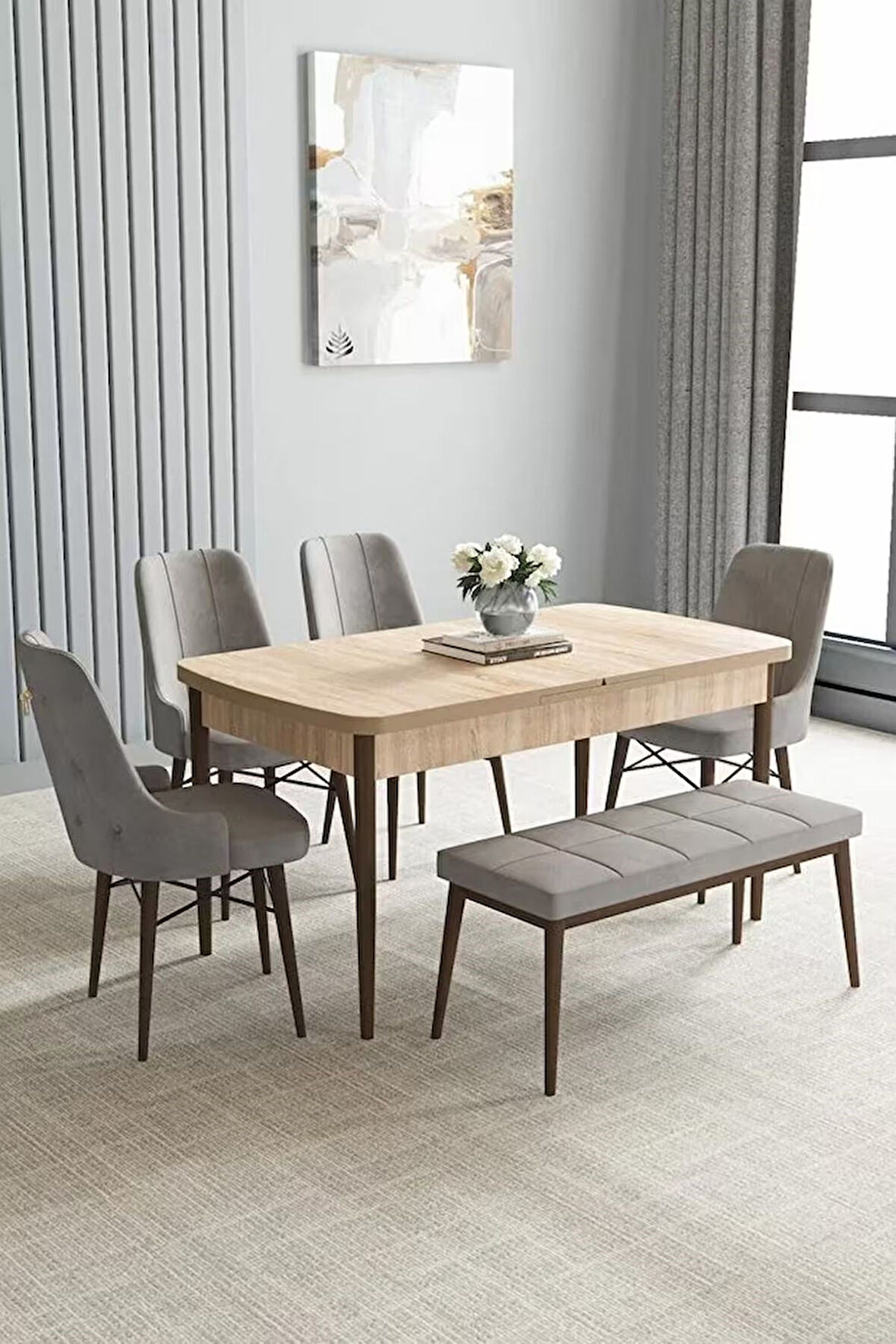 Loft Meşe Desen 80x132 Açılabilir Mdf Masa Yemek Odası Takımı, Mutfak Takımı 4 Sandalye, 1 Bench