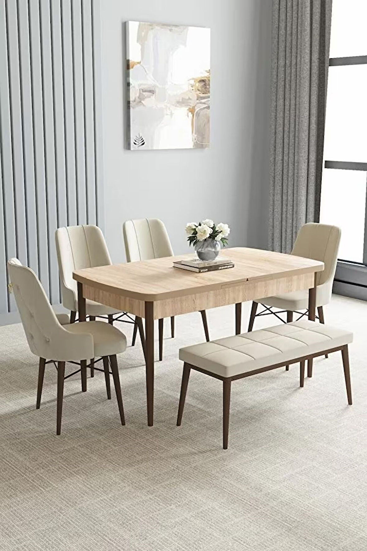 Loft Meşe Desen 80x132 Açılabilir Mdf Masa Yemek Odası Takımı, Mutfak Takımı 4 Sandalye, 1 Bench