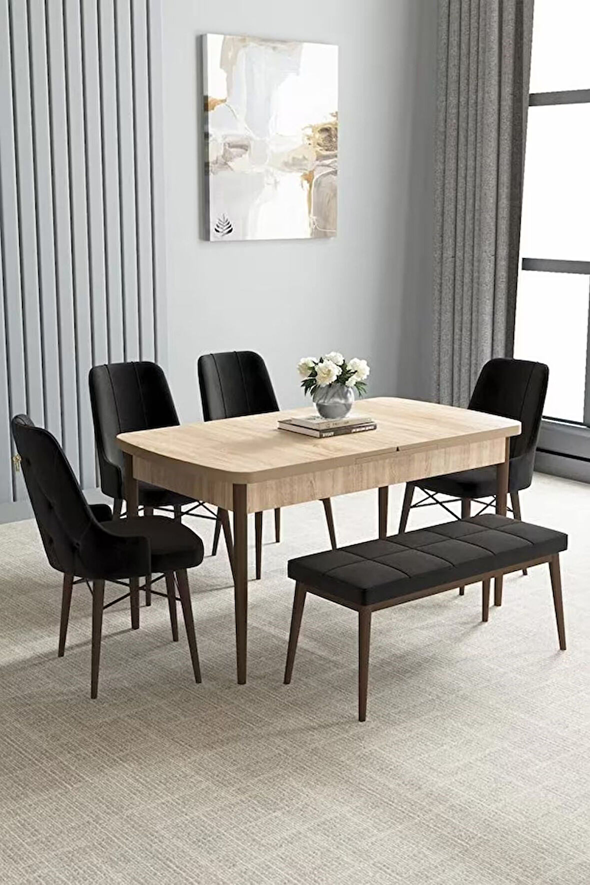 Loft Meşe Desen 80x132 Açılabilir Mdf Masa Yemek Odası Takımı, Mutfak Takımı 4 Sandalye, 1 Bench