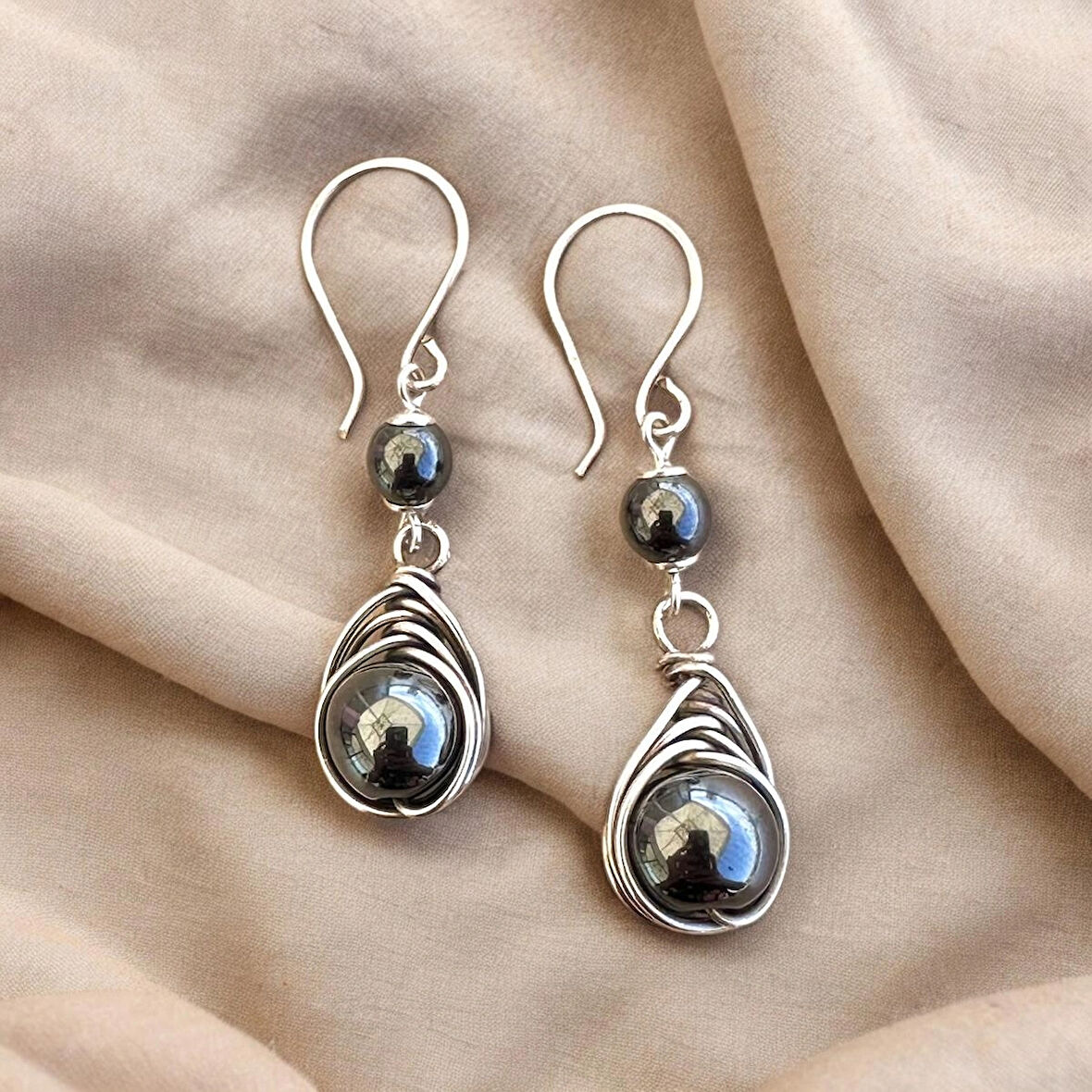 Gümüş Tel Sarma Hematit Doğal Taş Küpe