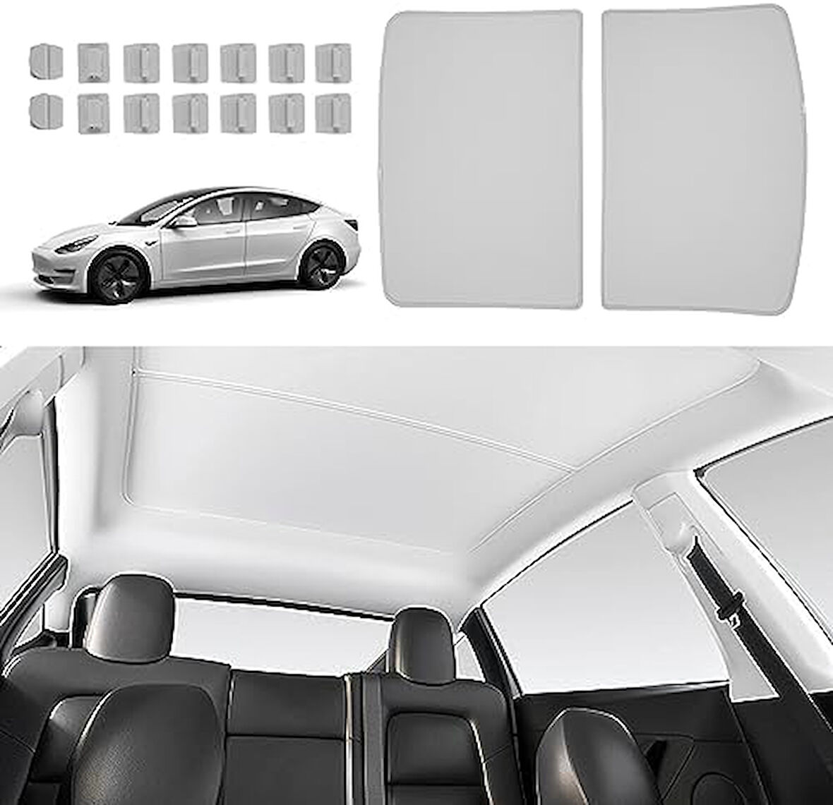 Tesla Model Y 2020–2023 Tavan Penceresi Güneşlik Katlanabilir UV Isı Yalıtımlı Çantalı Dış Gri İç Siyah
