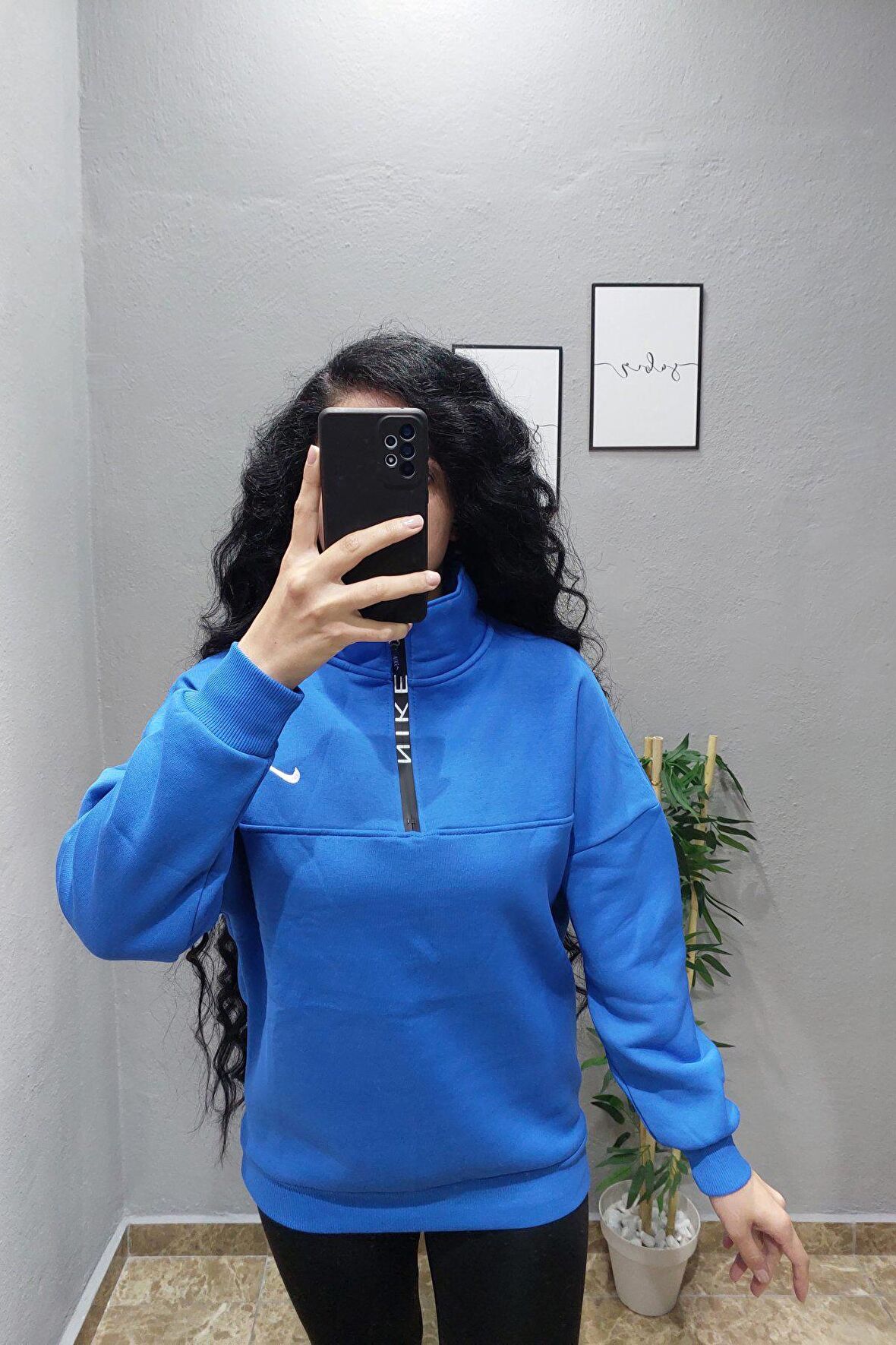 Mavi Şardonlu Oversize Sweat