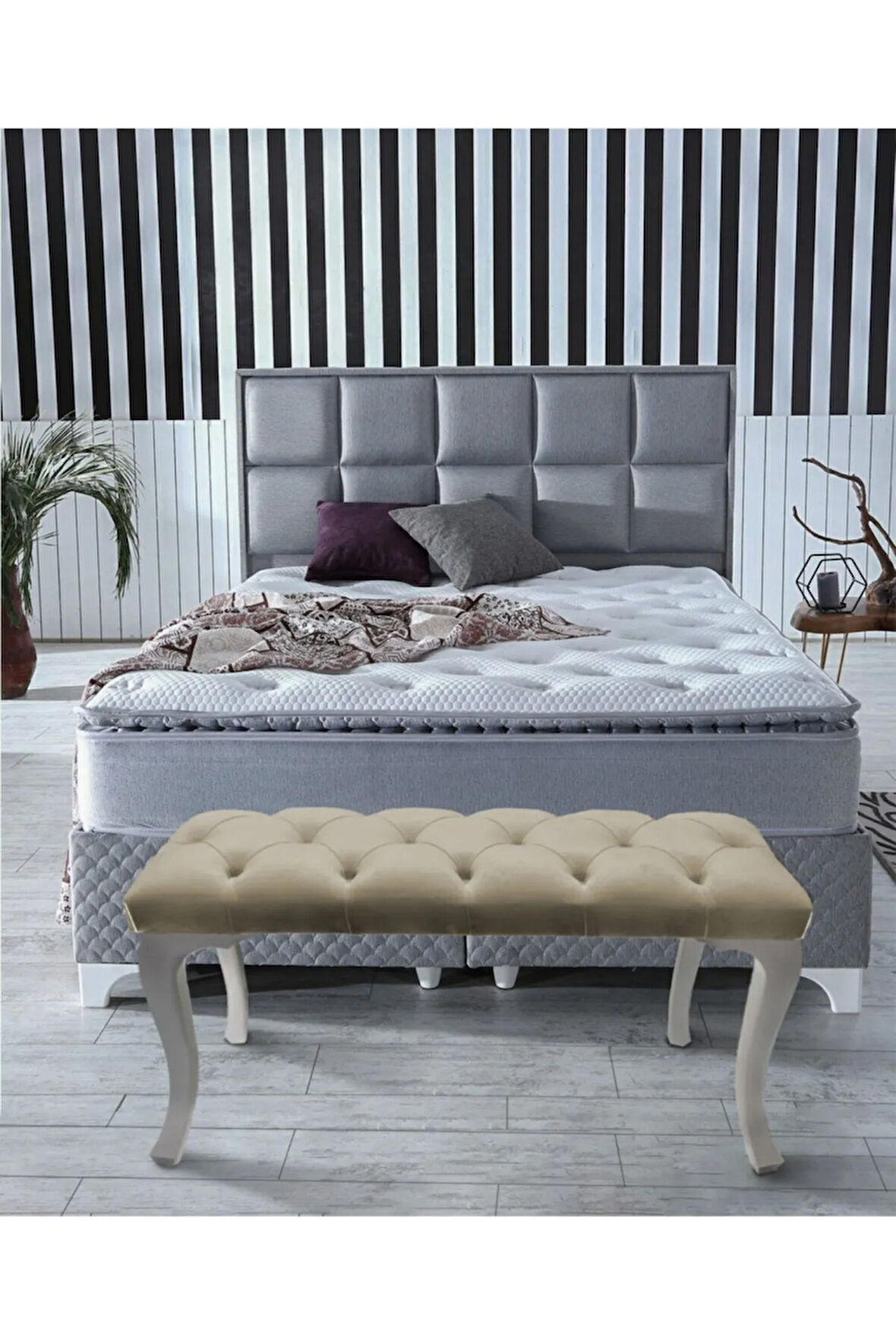 Classic Chester Model Kapitoneli Hardal Puf - Beyaz Ayak