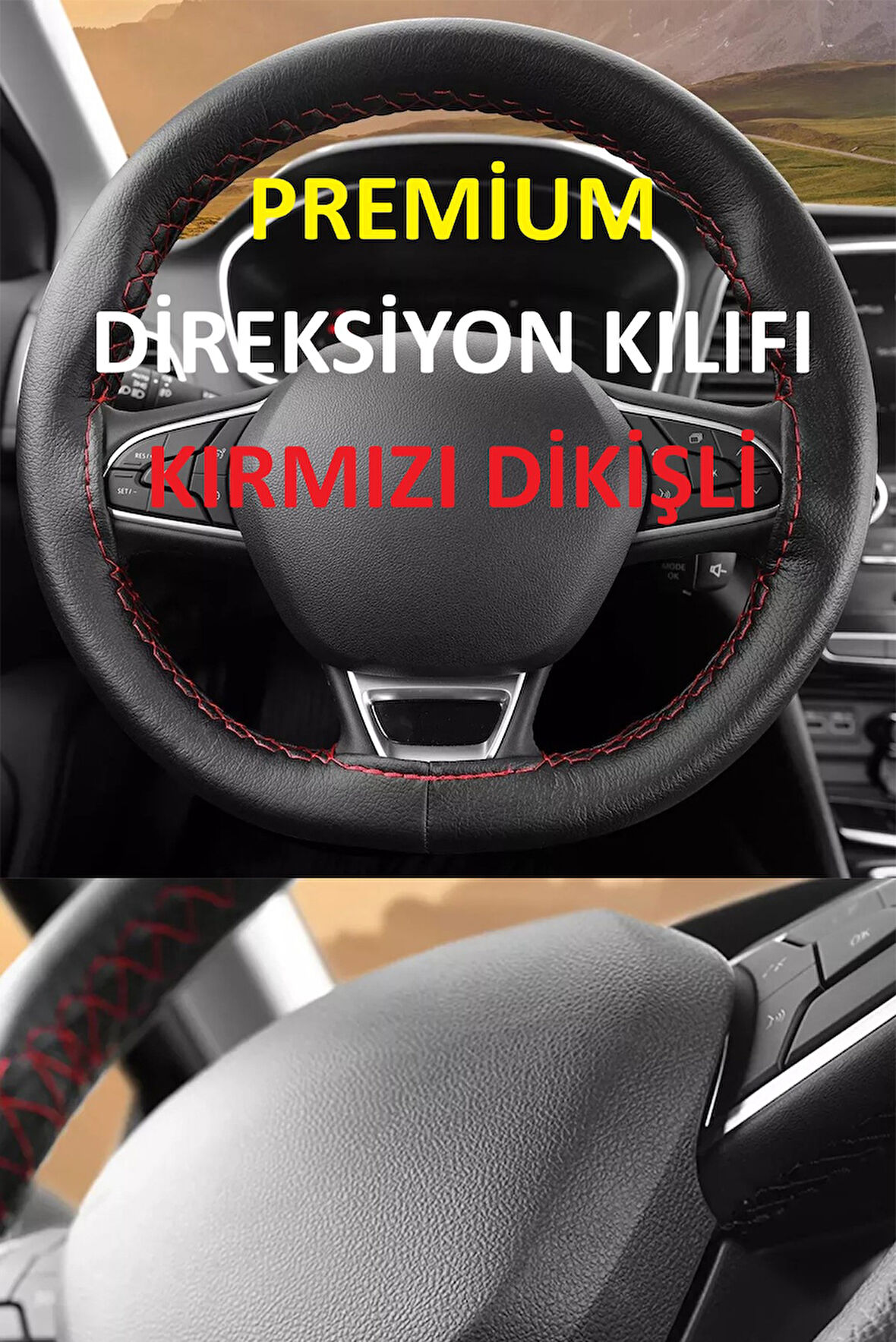 Direksiyon Kılıfı Premium Tüm Araçlarla Uyumlu / Dikmeli Kırmızı Dikişli (38 Cm X 10,5 Cm )