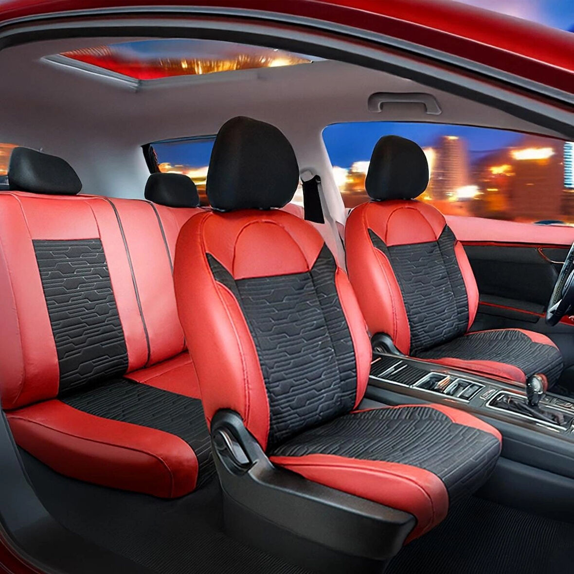 Kia X Ceed Deri Detaylı Süet Oto Koltuk Kılıfı Ön Arka Set Premium Tasarım Kırmızı Siyah SC