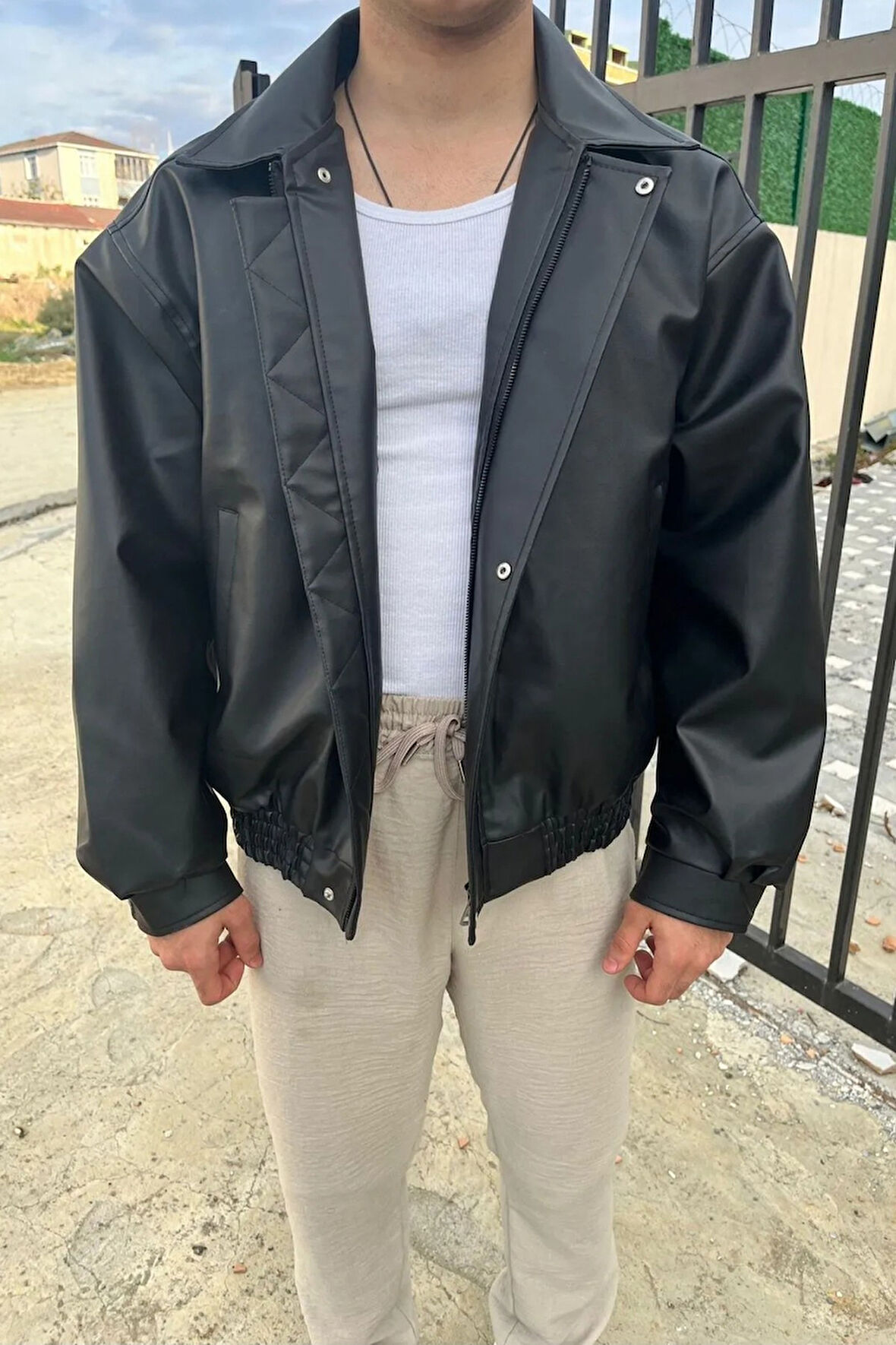 Oversize Vintage Erkek Siyah Deri Ceket