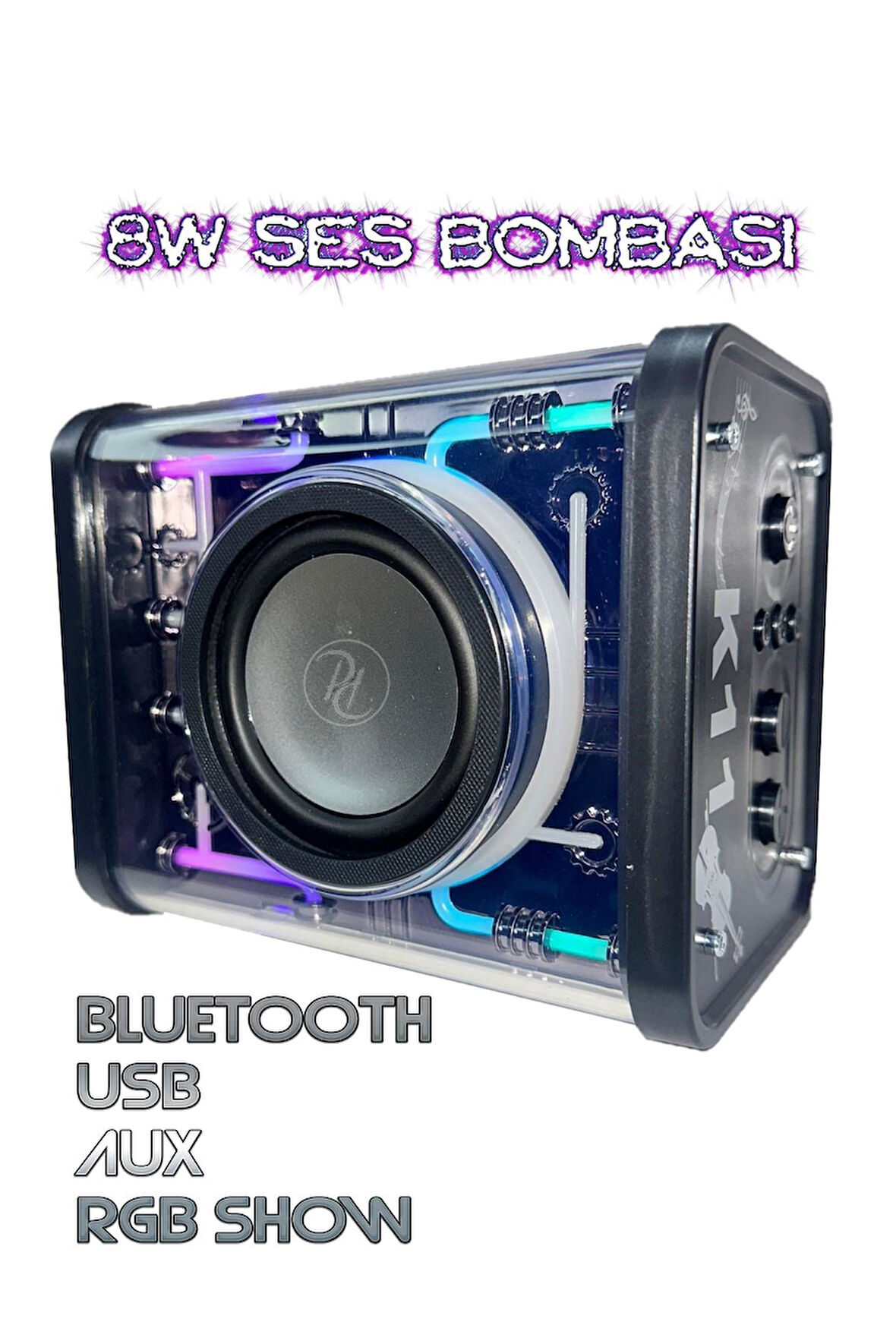 Ses Bombası 8 Watt Yüksek Ses RGB Işık Show Bluetooth Aux Usb Takılabilir Hoparlör Orta Müzik Çalar 