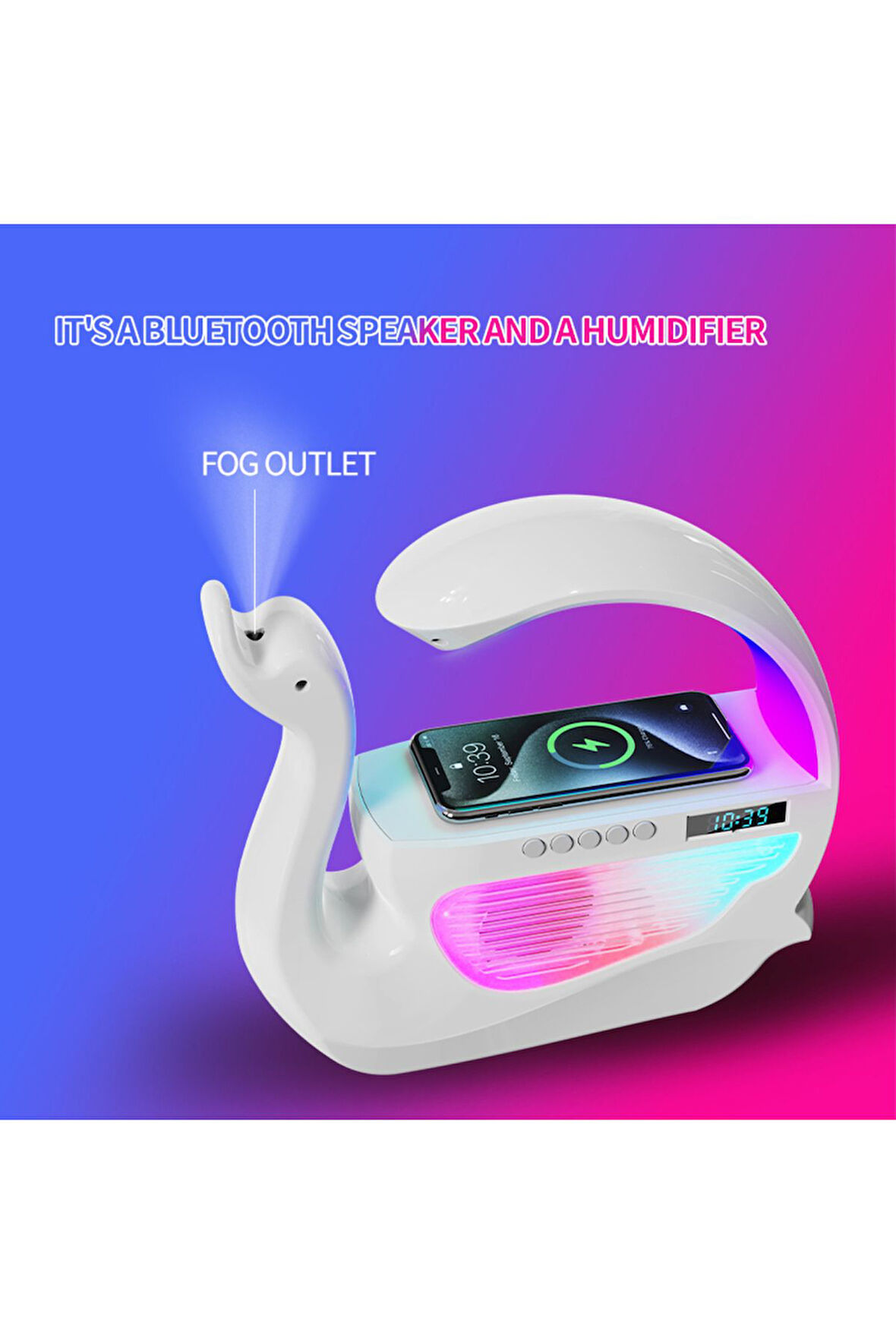 Kuğu Nemlendirici 6'sı 1 Arada RGB Işık Kablosuz Şarj Bluetooth Hoparlör